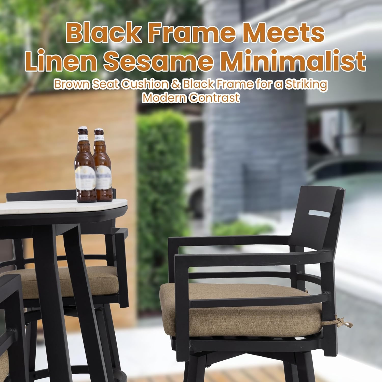 5PC Outdoor Patio Bar Set, Rounded Square Sintered Stone Table & 4 Swivel Bar Chairs, Non-Rust Aluminum Frame, Marble-Inspired Top, with Cushion (Brown Cushion, Rotating Chair)