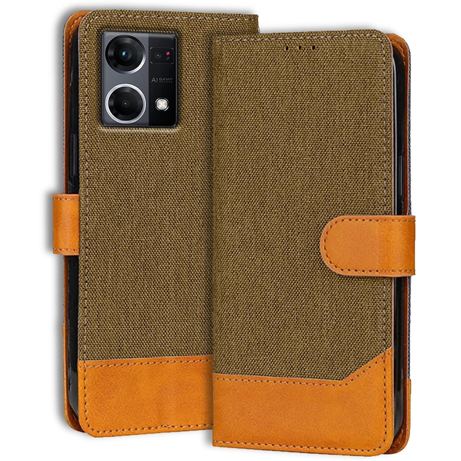 Denim & Leather Flip Cover for Oppo F21 Pro 4G | Inbuilt Stand & Pockets | Premium Leather Mobile Phone Case Oppo F21 Pro 4G (Dark Brown)