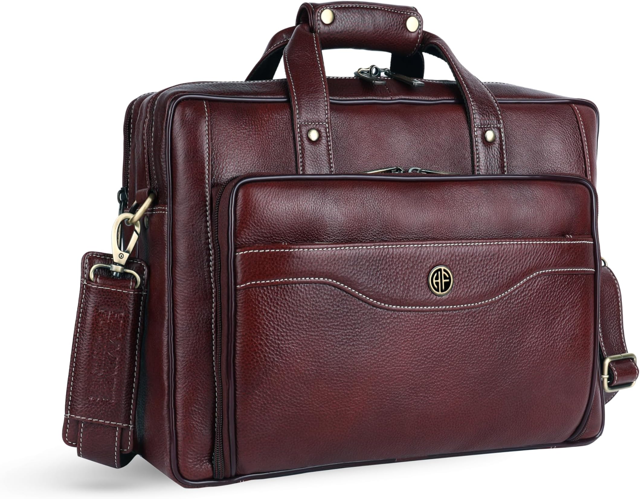 Genuine Leather Office Bag for Man with Trolley Strap - Laptop Bag for Men with .6 Inch Laptop Compartment - Adjustable Strap - Leather Bag for Men - Warranty - Brown, M