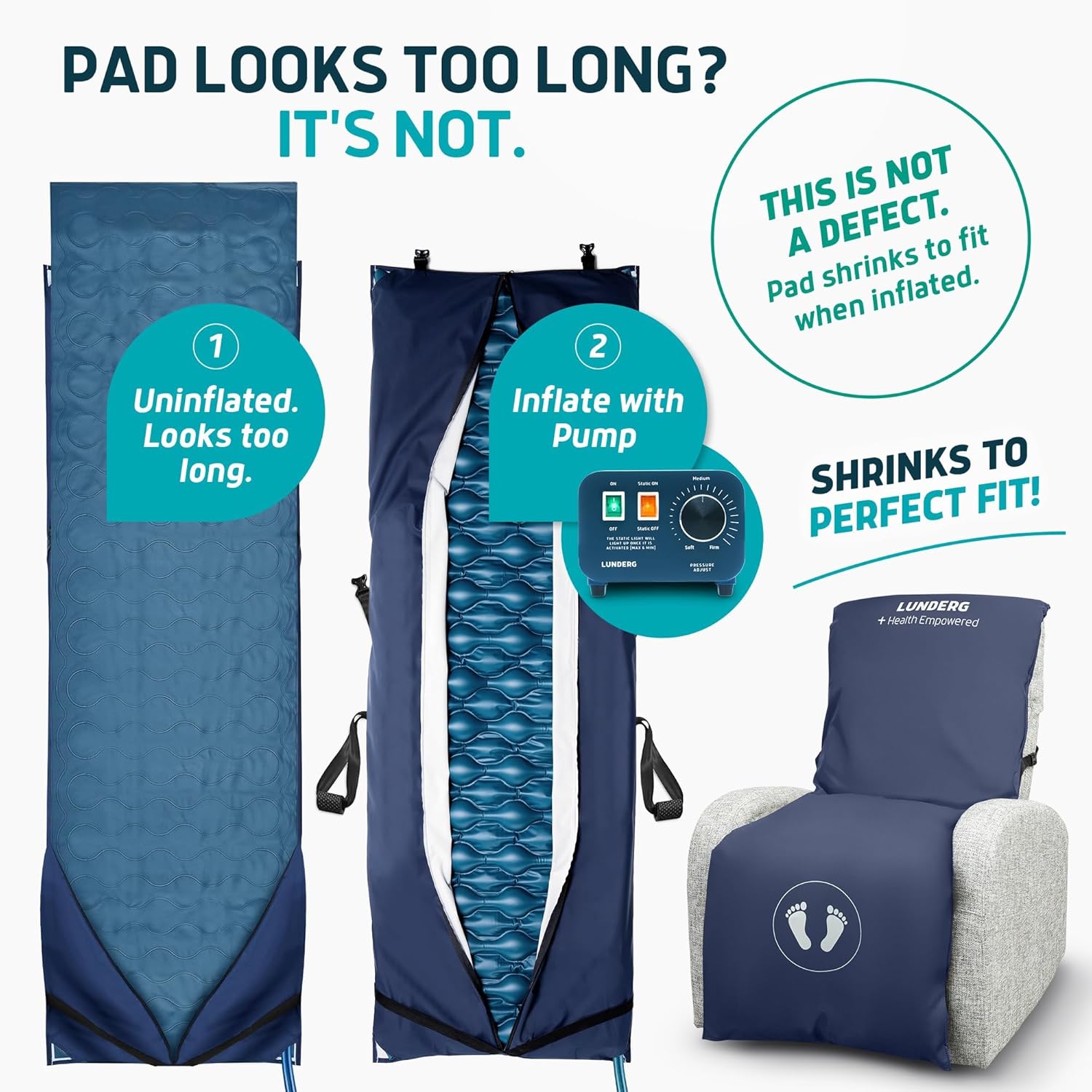 Lunderg Alternating Air Pressure Pad for Recliner Chair - Pressure Relief Cushion Topper for Recliner - Bed Sore Prevention - Medical Grade Mattress Pad, Cover & Quiet Pump - Home or Hospital (Blue)