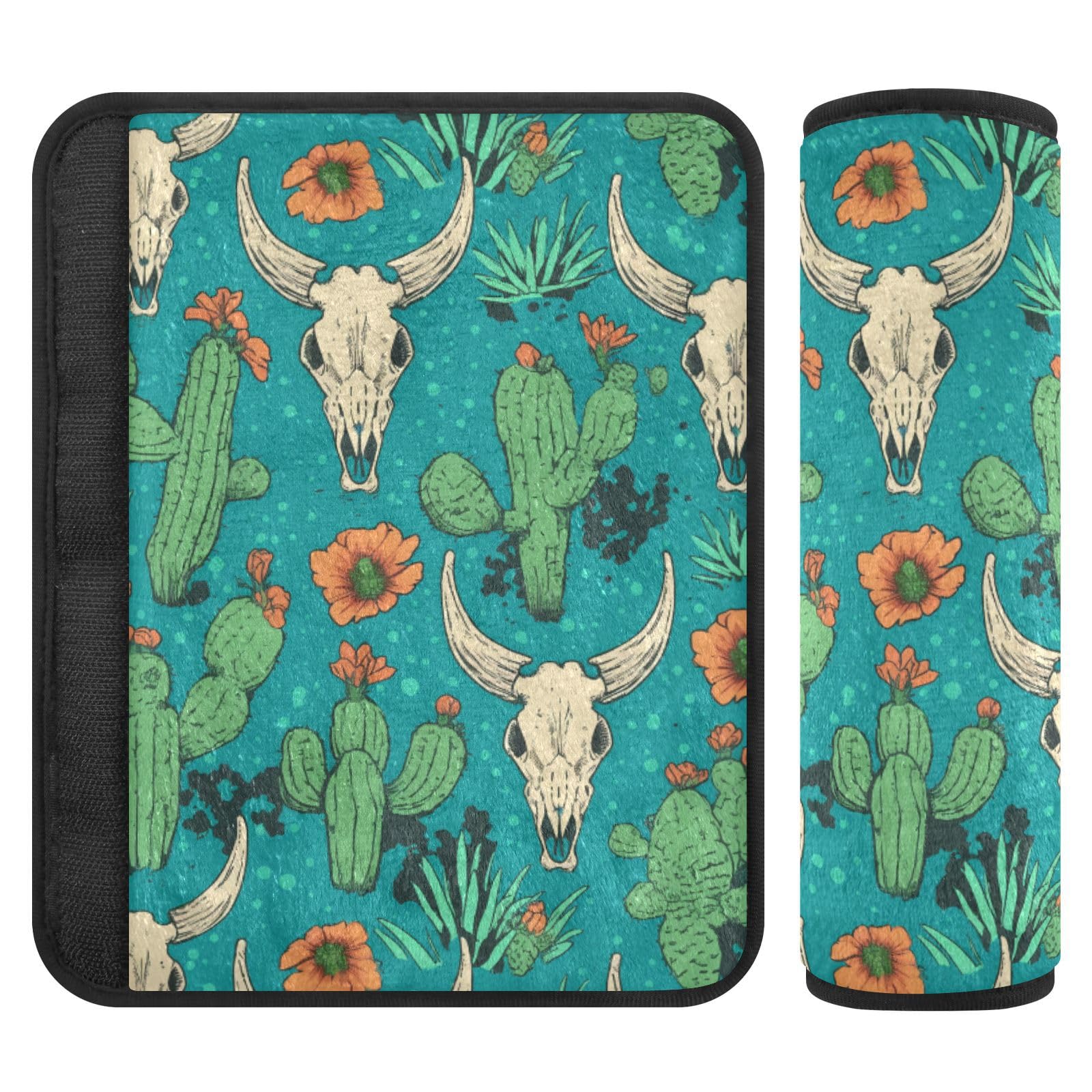 Seat Belt Covers 2 Pack Cactus Cow Skull Car Seat Strap Covers Super Soft Retro Cartoon Car Seat Neck Cover for Boys Girls Adults Babies S