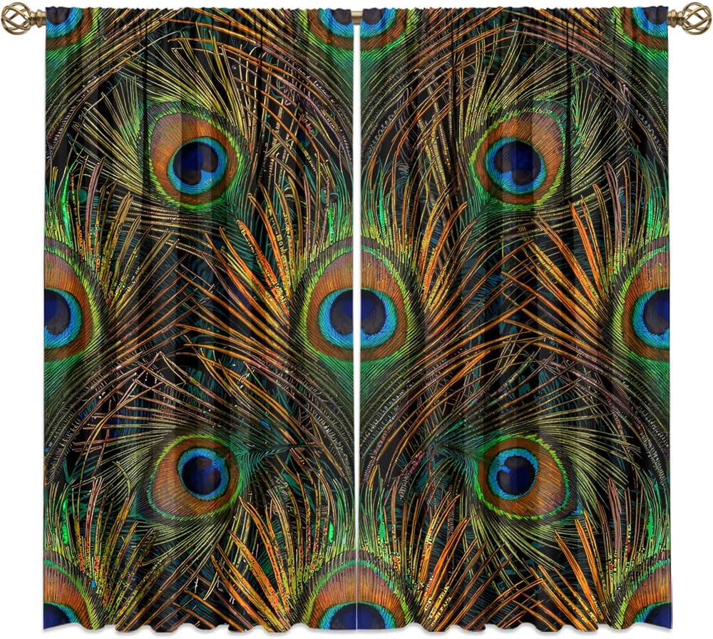 Elegant Peacock Feather Curtains for Bedroom,Abstract Boho Geometric Room Darkening Blackout Window Treatment,Rustic Peacock Feather Rod-Pocket Privacy Curtains,2pcs,Each 42“W x 84”L