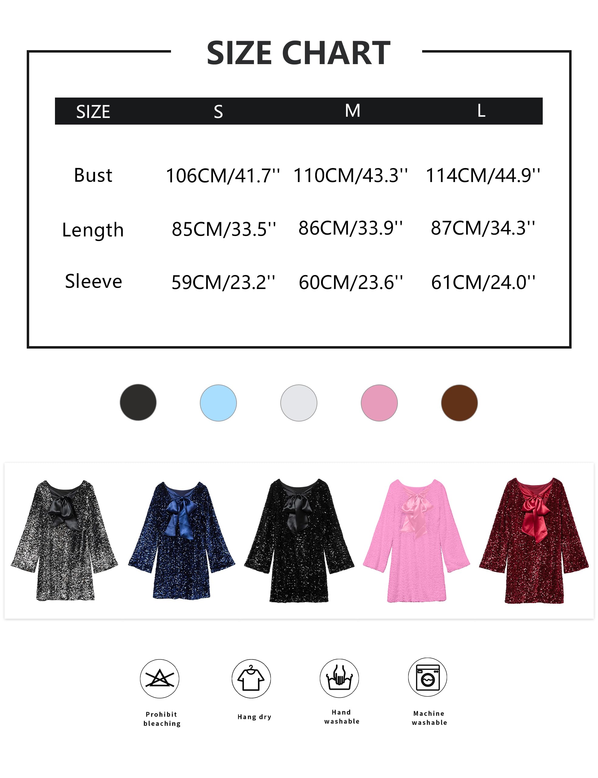 HOCANDY Vestido corto de manga larga con lentejuelas brillantes para mujer, sin espalda, con lazo, ajuste holgado, para fiesta, cóctel, purpurina