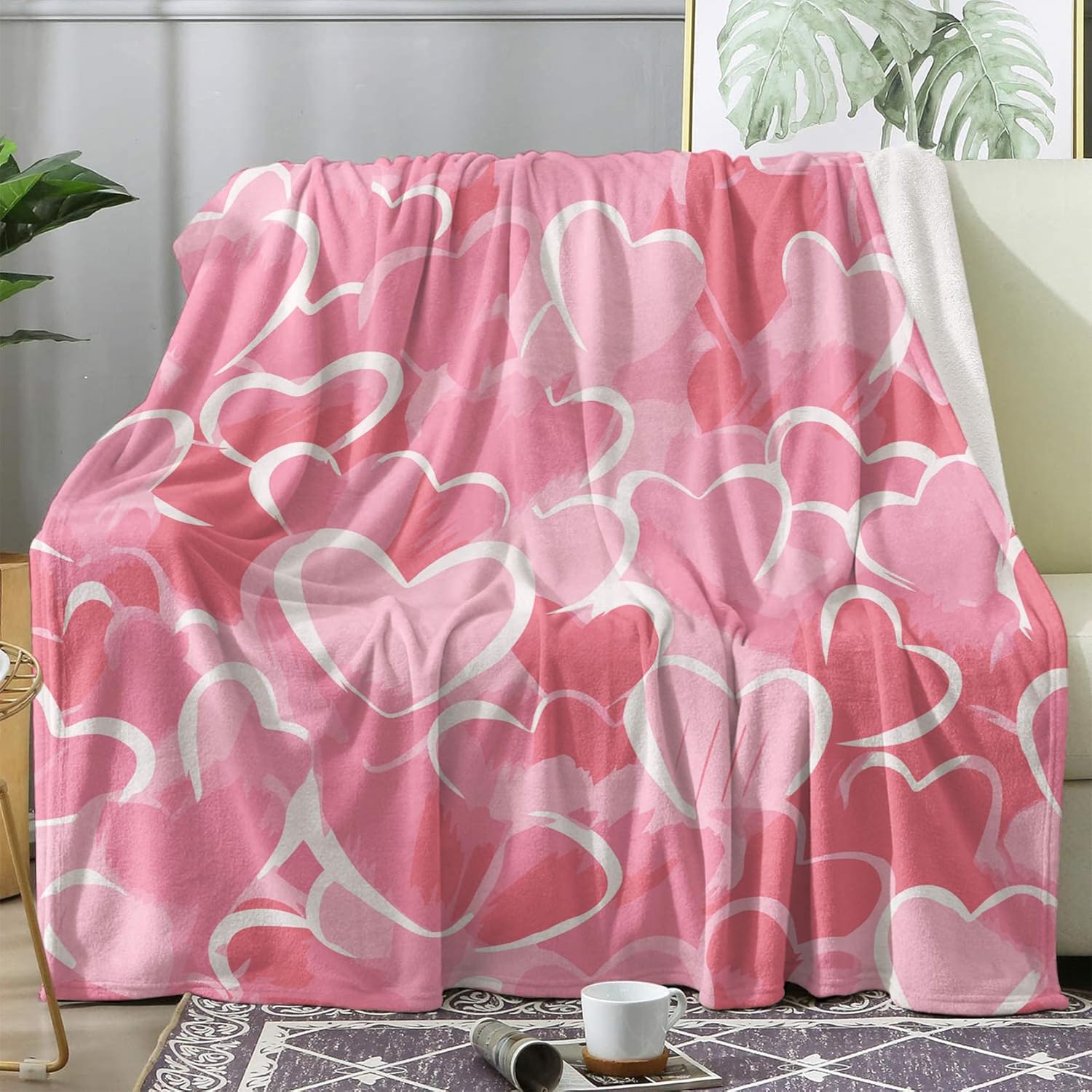 Pink Heart Blanket King Size, Cute Fleece Throw Blanket for Couch Bed Sofa, Hearts Patterned Blankets and Throws, Super Soft Cozy Plush Flannel Blanket, 108x90, Decor & Gift