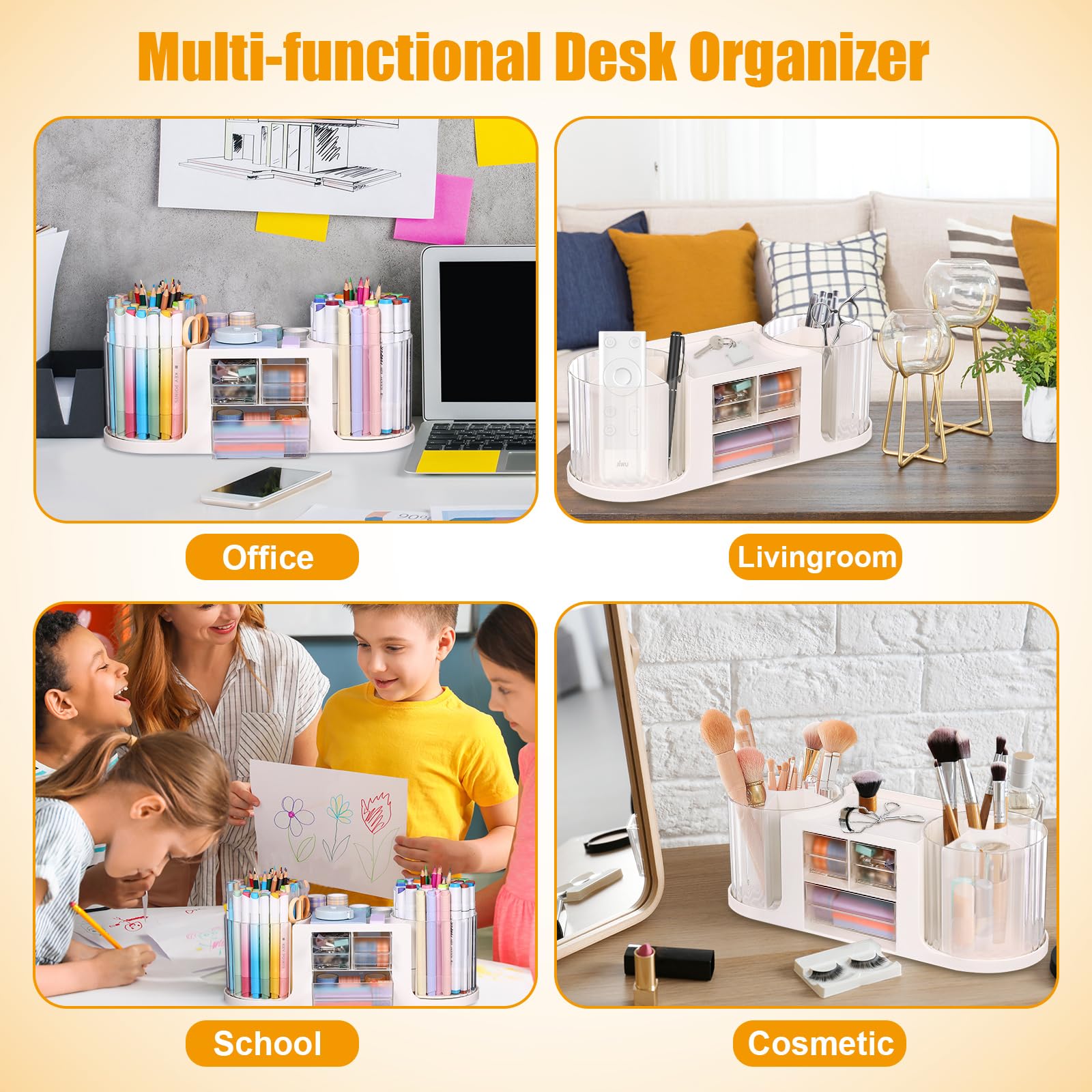 BOBOKA Organiseur de bureau rotatif avec 3 tiroirs, porte-crayons multifonction pour bureau, organiseurs de bureau et accessoires avec 10 emplacements pour crayons + 3 tiroirs pour fournitures d'art