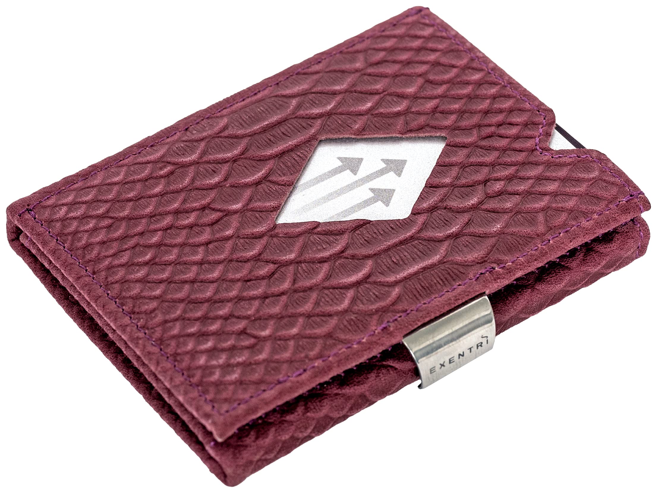 EXENTRI Leather Trifold Wallet - RFID Blocking w/Stainless Steel Locking Clip (Purple)