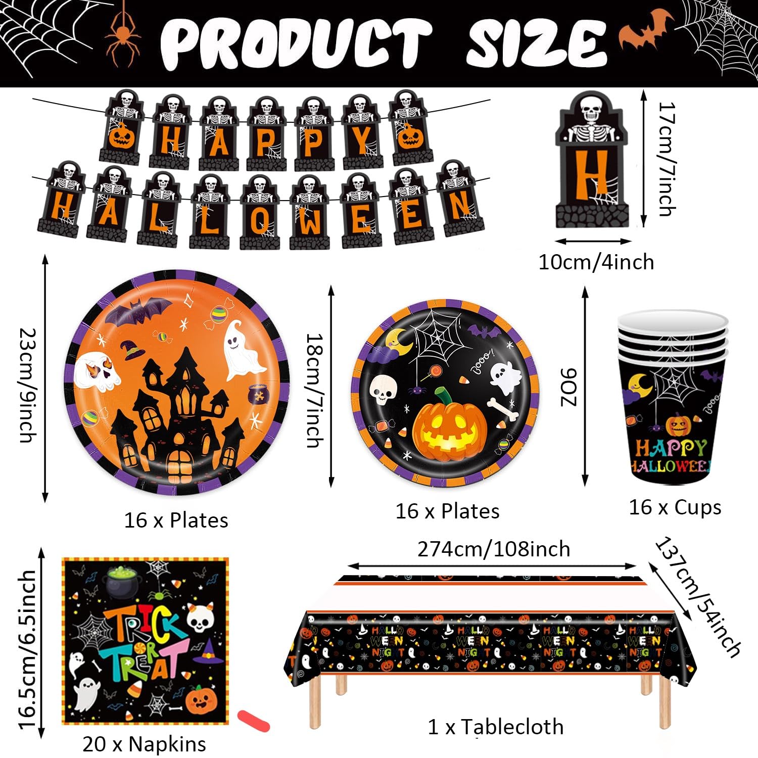 PARTY GO Lot De 96 Pièces De Vaisselle Jetable Pour Fête D'Halloween Avec Assiettes En Carton, Serviettes, Tasses, Décoration De Table D'Halloween Zombie Pour Fête D'Halloween