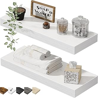 QEEIG Bathroom Floating Shelves for Wall - 15.7" Wall Mounted Shelf Over Toilet Farmhouse Home Decor Display Bookshelf Small 15.7 x 6.7 inch Set of 2, White (008-40W)