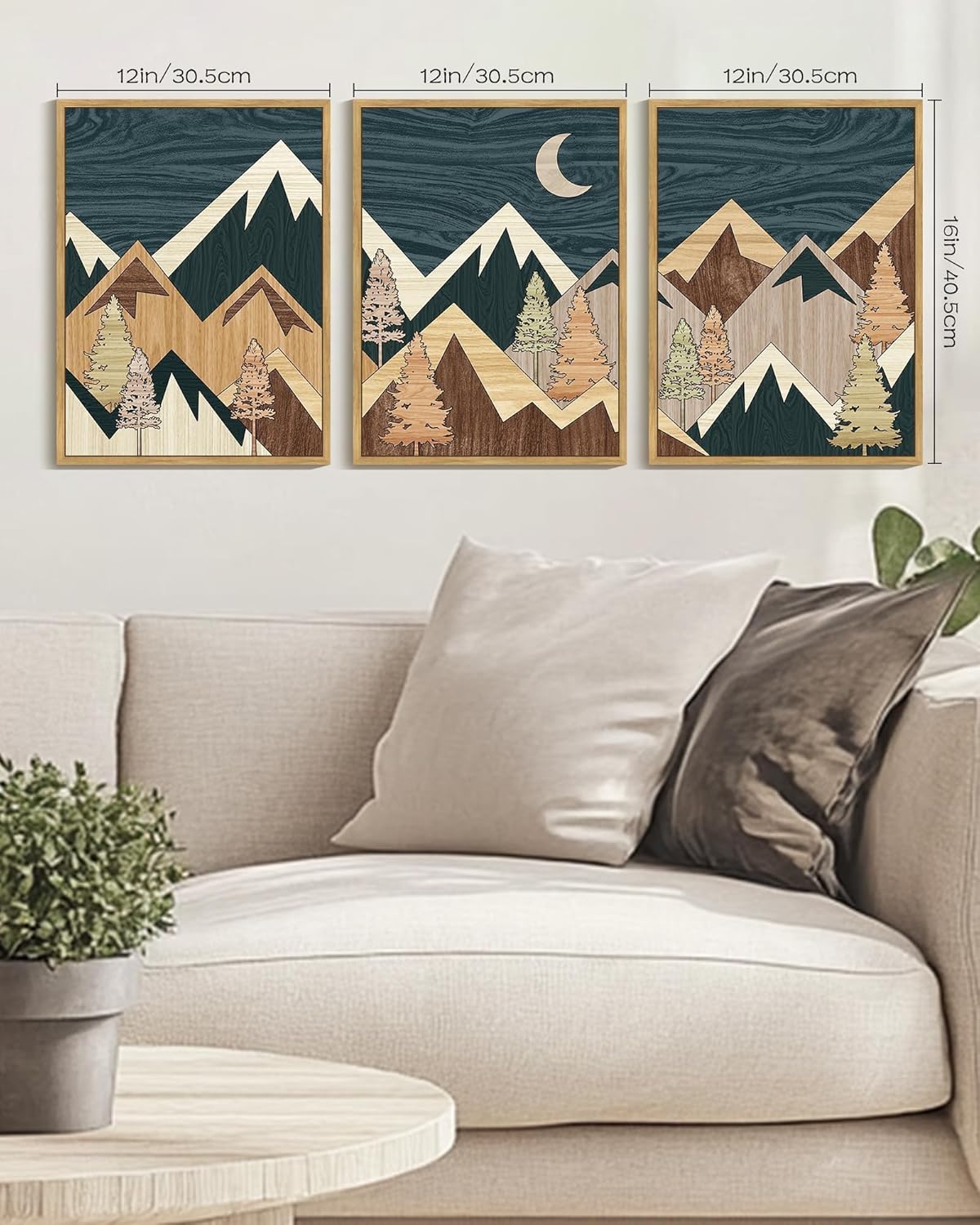 PHOPAGO Morden Mountains Framed Wall Art Boho Woodcut Pine Tree Forest Nature Landscape Artwork Bohemain Farmhouse Rustic Bedroom Home Decor - 12x16in Natural Framed
