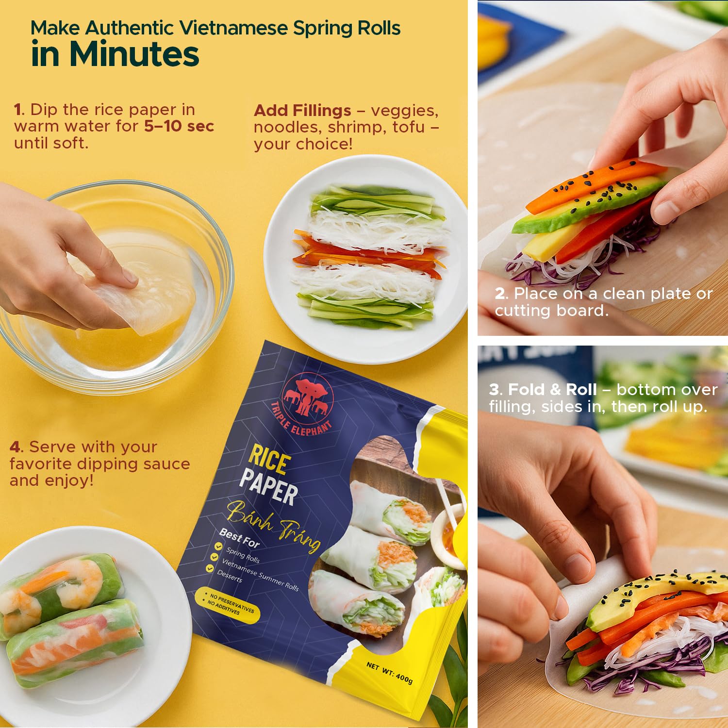 Triple Elephant Rice Paper Banh Trang - 400g | Authentic Vietnamese Spring Roll Wrapper for Fresh Rolls, Pho, and More - Image 4 thumbnail