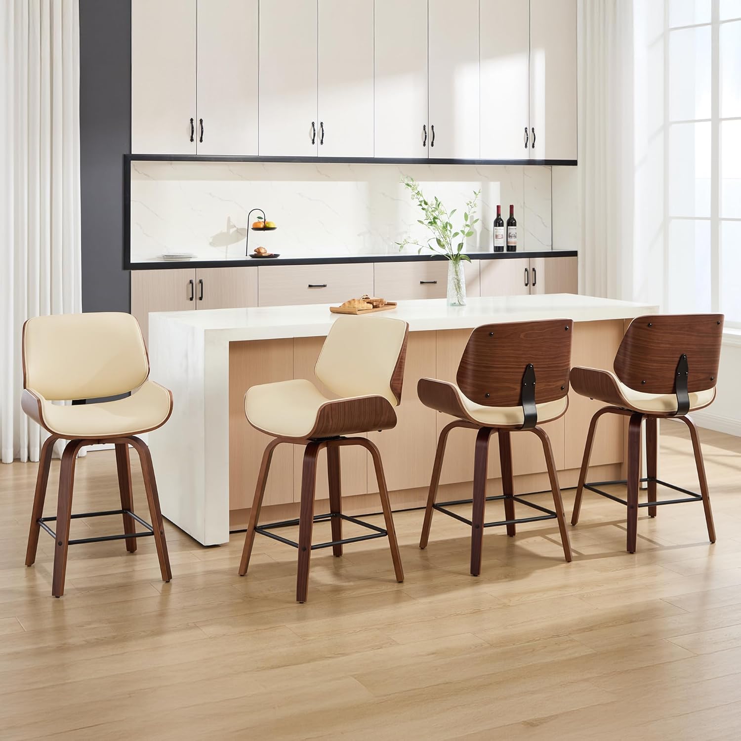 Swivel Bar Stools Set of 4,24" Upholstered Faux Leather Barstools,Mid Century Modern Counter Height Barstools with Walnut Bentwood Back & Legs,Bar Chairs for Kitchen Island Counter Bar Beige