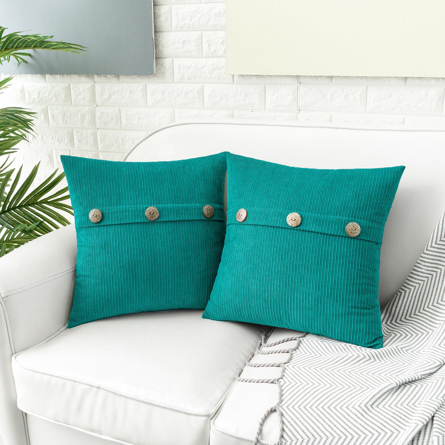 HWY 50 Teal Chenille Cushion Covers 45cm x 45cm (18"x18") with Triple Buttons, Set of 2 - Image 2