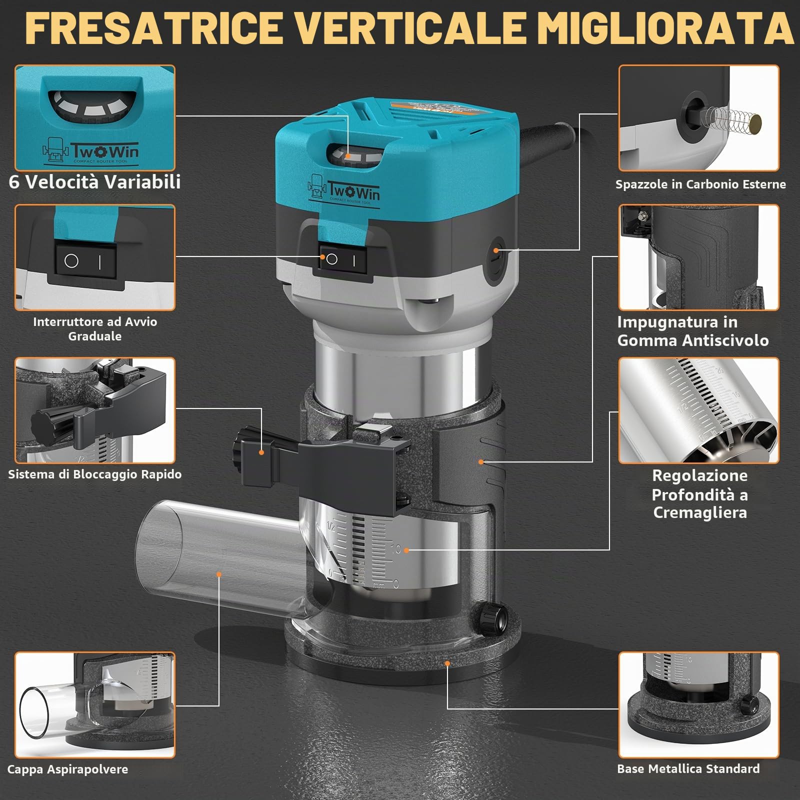 TwoWin - Fresa per legno, 6,5 A, 1,25 HP, portatile, compatta, per la lavorazione del legno, 6 velocità variabili, base fissa, per laminato, con cappuccio antipolvere, 15 punte