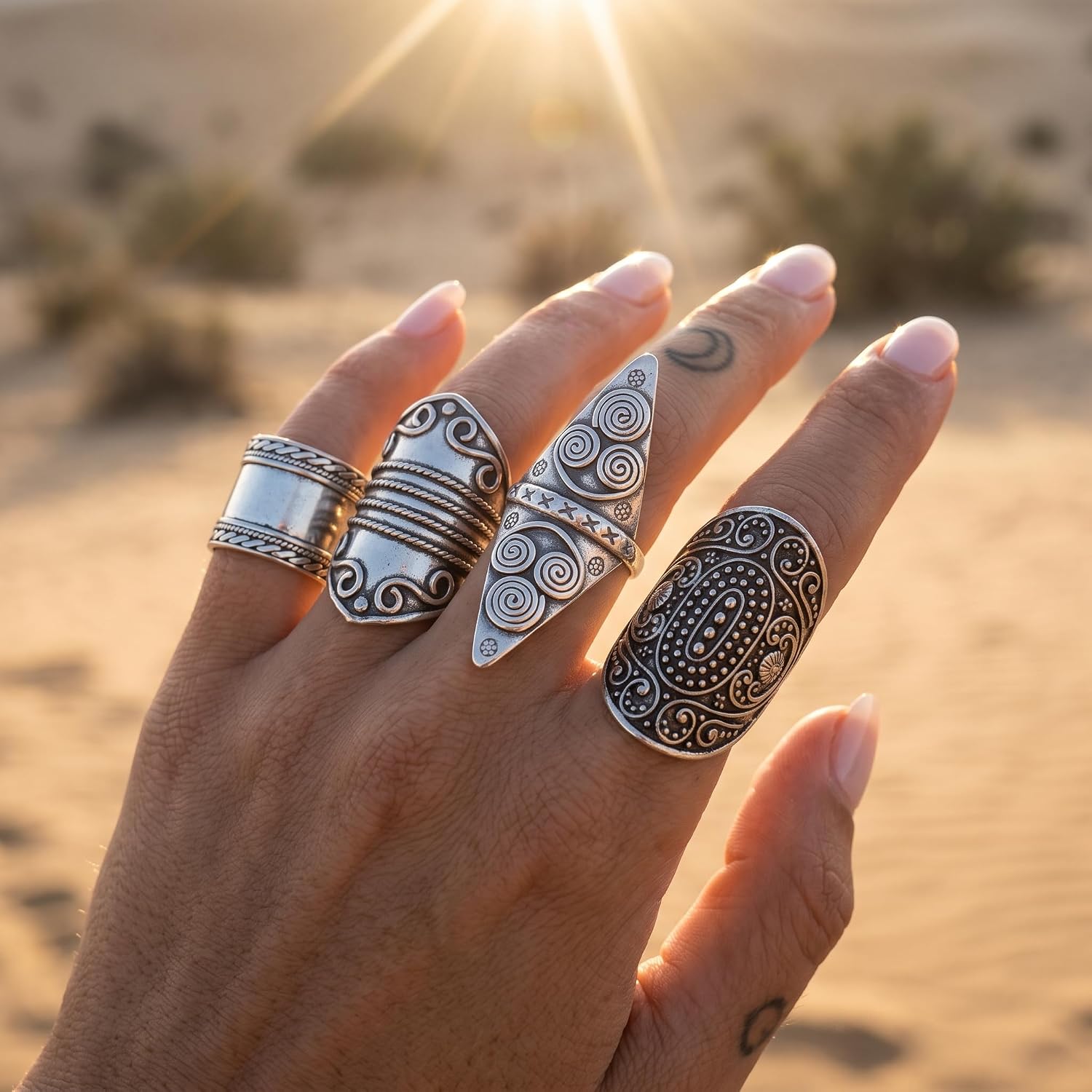 4 Pcs Chunky Western Rings for Women Boho Vintage Jewelry Set image 4