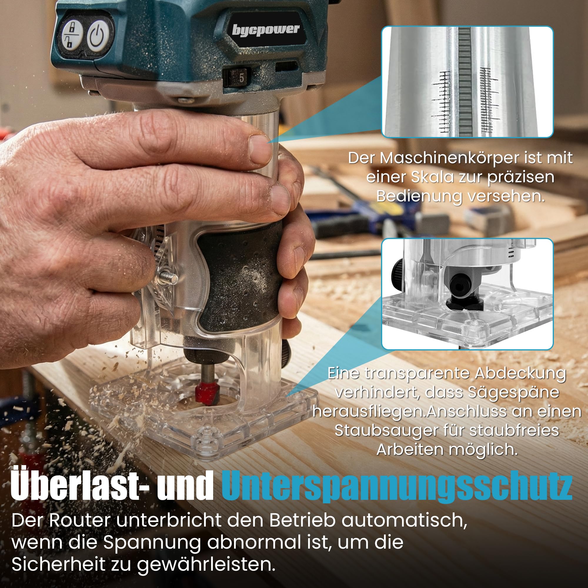 Akku Oberfräse für Bosch 18V Akku, 30000 RPM Bürstenloser Motor, 5-Stufen Kantenfräse, Kabellose Holzfräse mit 6,35mm Durchmesser, mit 15pcs 1/4" Fräser für Holz & Kunststoff (ohne Akku)