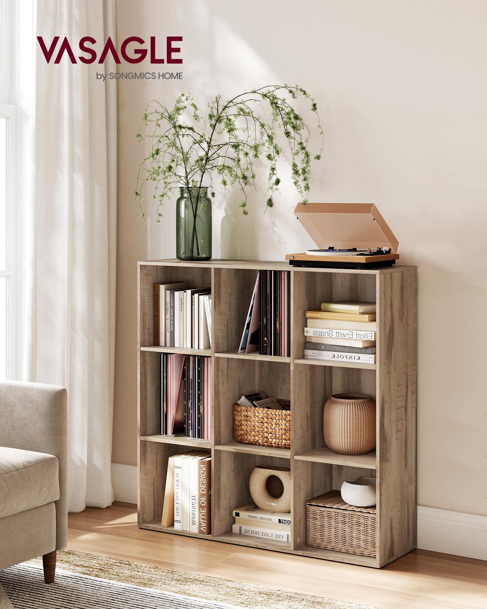 VASAGLE Custos Colección - Librería, Estantería Almacenaje, de 9 Compartimientos, para Sala de Estar, Estudio, Oficina, 30 x 97,7 x 97,5 cm, Marrón Camello LBC177K01