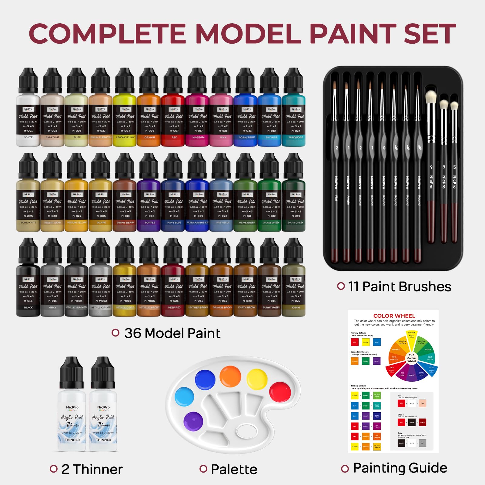 Nicpro Set Di Colori Acrilici Per Modellismo 36 Colori X 20 ml