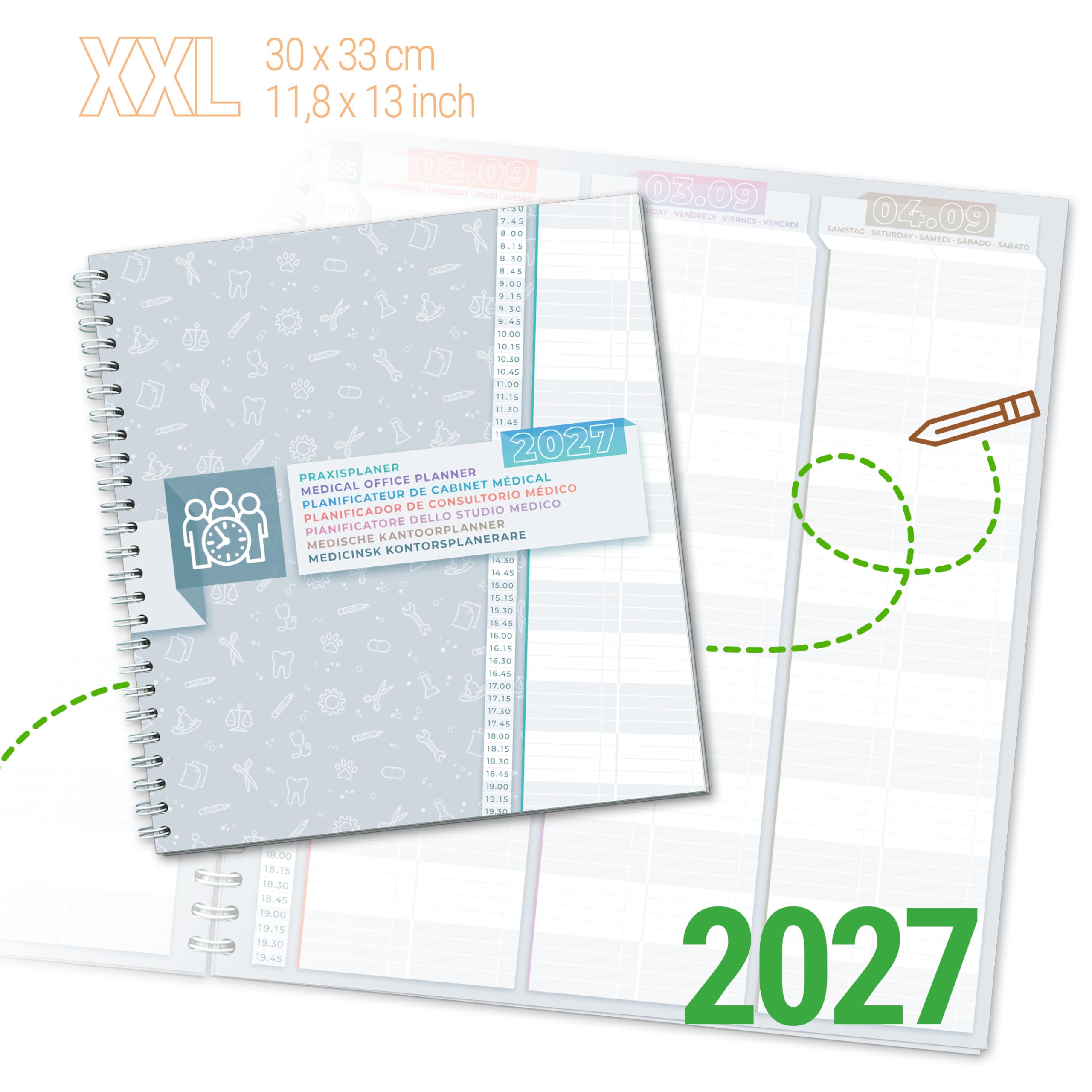 1 x Praxisplaner 2027 Praxisbuch im 15 Minuten Takt, 2 Spalten/Tag Arztpraxis Praxis Terminplaner als extra großer Praxis Kalender 33x30cm (2027)