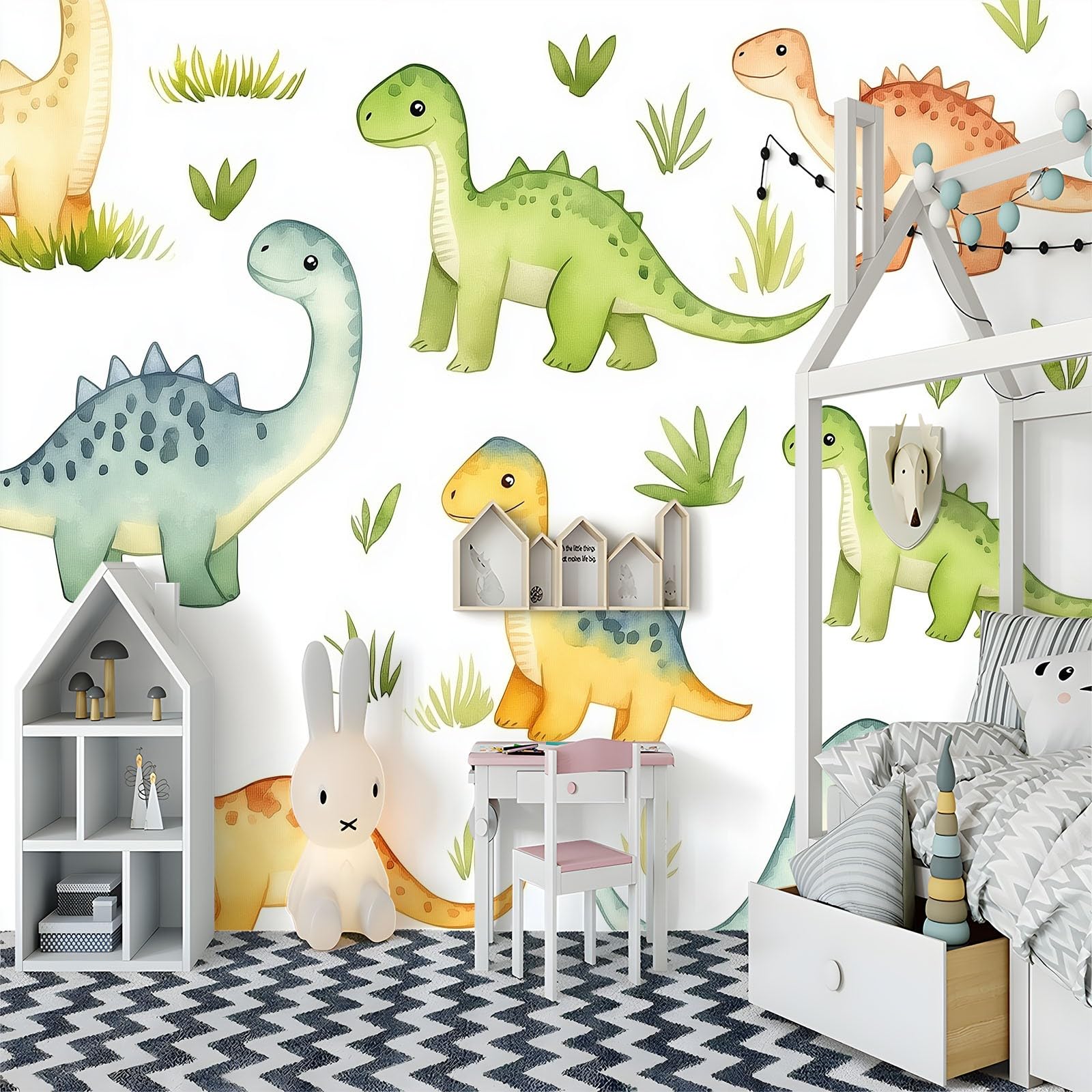 Urocze zwierzęta, dinozaury, łąki, flizelina, fototapeta, biała, 300 x 210 cm, dekoracyjny mural ścienny, plakat do sypialni dziecięcej, salonu lub telewizora, pokrycie ścian