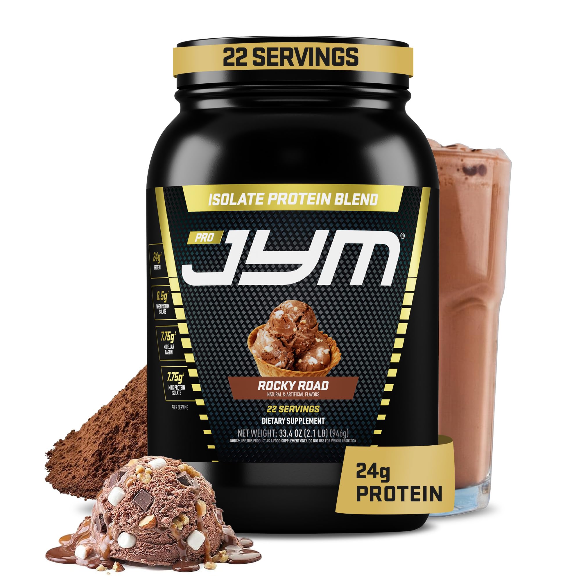 JYM Supplement Science Pro JYM Whey Protein Rocky Road — whey protein isolado, caseína micelar, proteína do leite e clara de ovo, 24 g por porção, 22 porções
