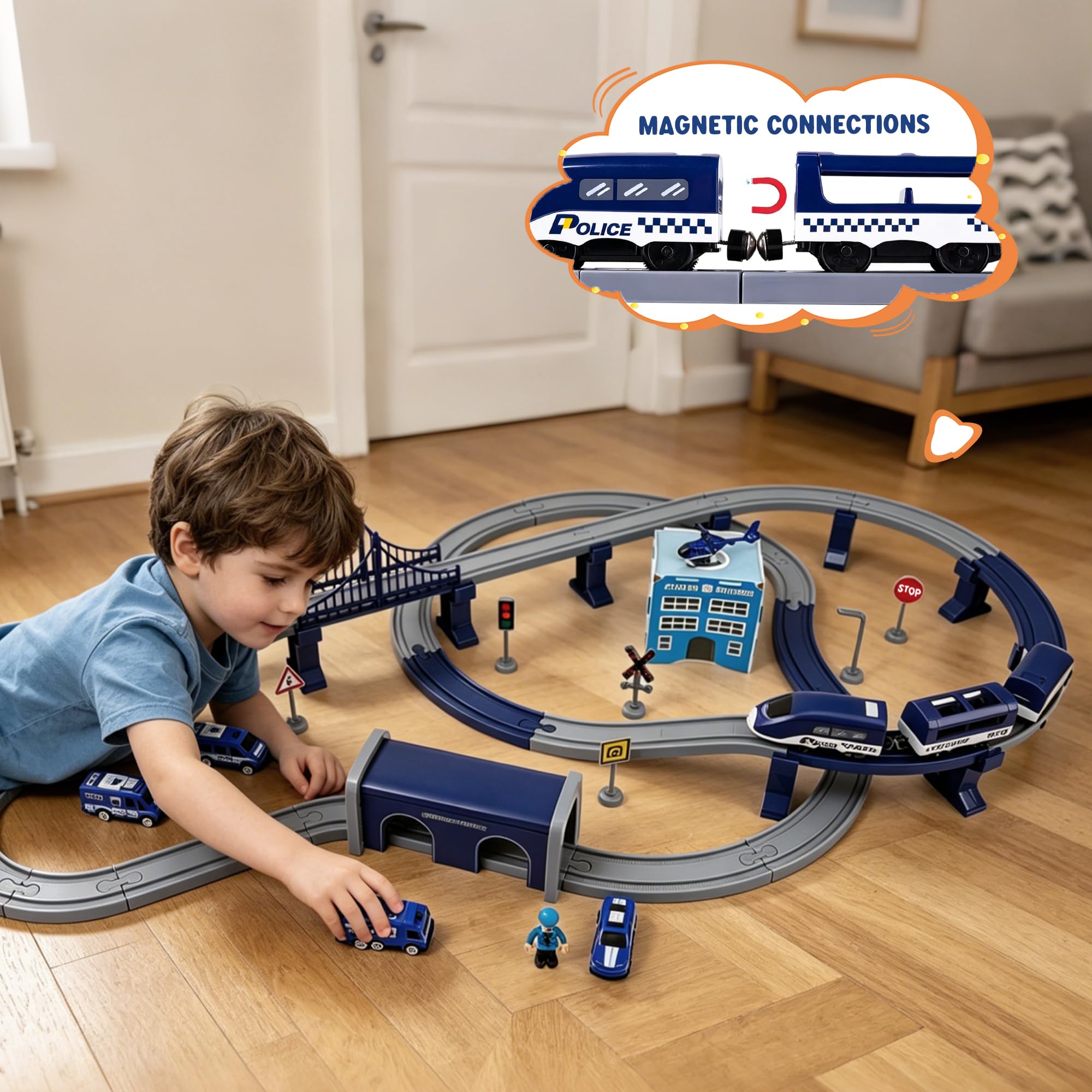 Zestaw pociągu dla chłopców 4-7, 66-częściowy, zasilany bateriami z szynami (połączenie magnetyczne), kompatybilny z Thomas, Brio, Chuggington, prezenty dla 3, 4, 5, 6 lat (policja, 92 szt.)