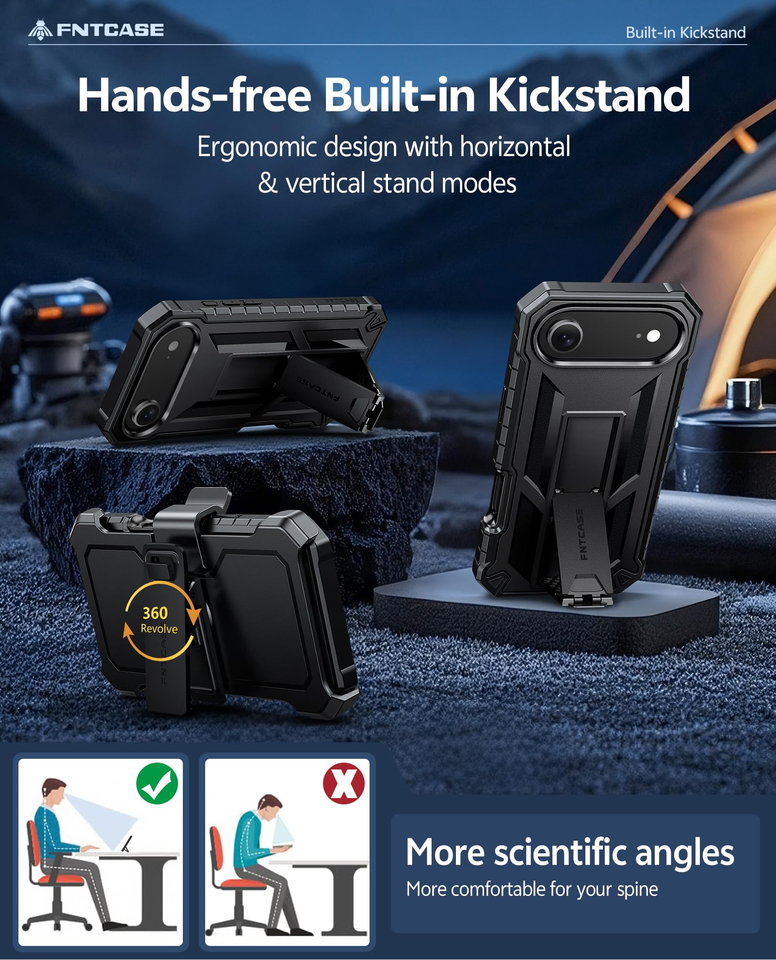 FNTCASE Funda para iPhone Air: resistente de grado militar para iPhone 17 Air con soporte y clip para cinturón, protección de TPU a prueba de golpes, protector resistente (negro)