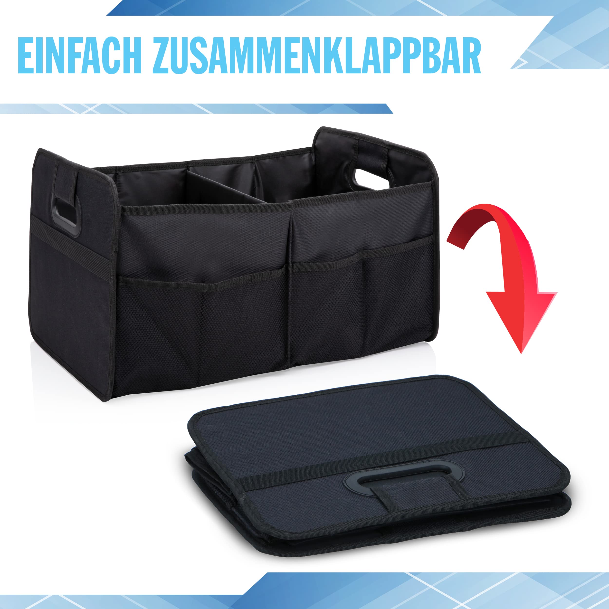 All Ride Organizator bagażnika samochodowego - Organizator przestrzeni bagażowej - 50 x 32 x 27 CM - Torba na bagażnik - 2 Duże komory i wkłady - Organizacja akcesoriów samochodowych- Czarny