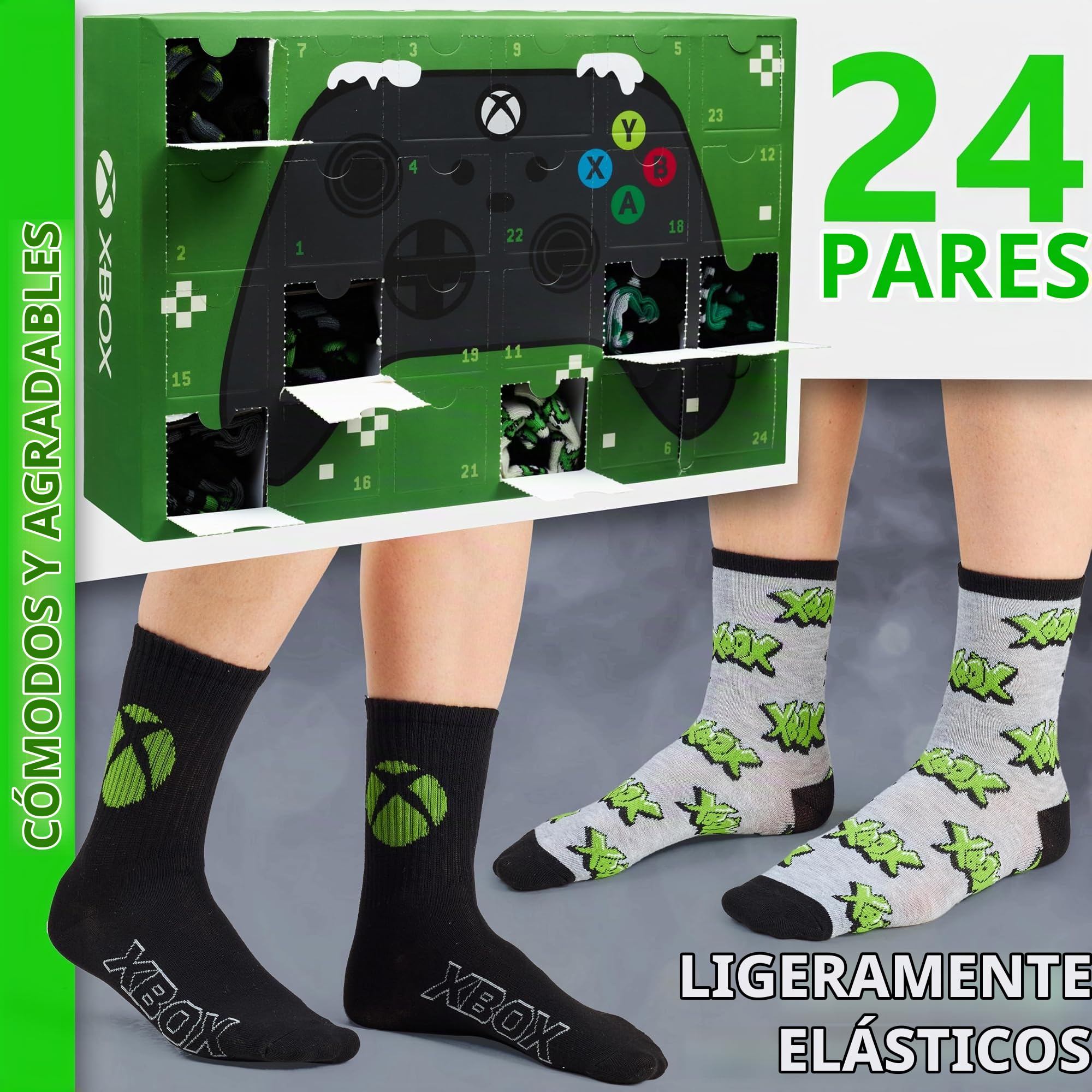 Get Trend Xbox Calendario Adviento 2025 con 24 Pares Calcetines Originales para Niños Adolescentes, 35-40, Diseños Videojuegos Divertidos (Verde Xbox)