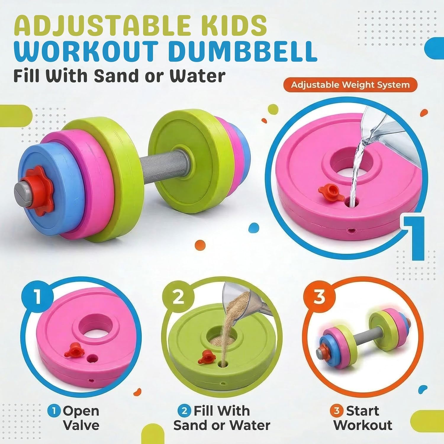 Kids Workout Dumbbell Weights Set - Toddler Toy Gym Equipment for Pretend Play Lifting, Exercise & Fitness - Adjustable Fill with Sand or Water
