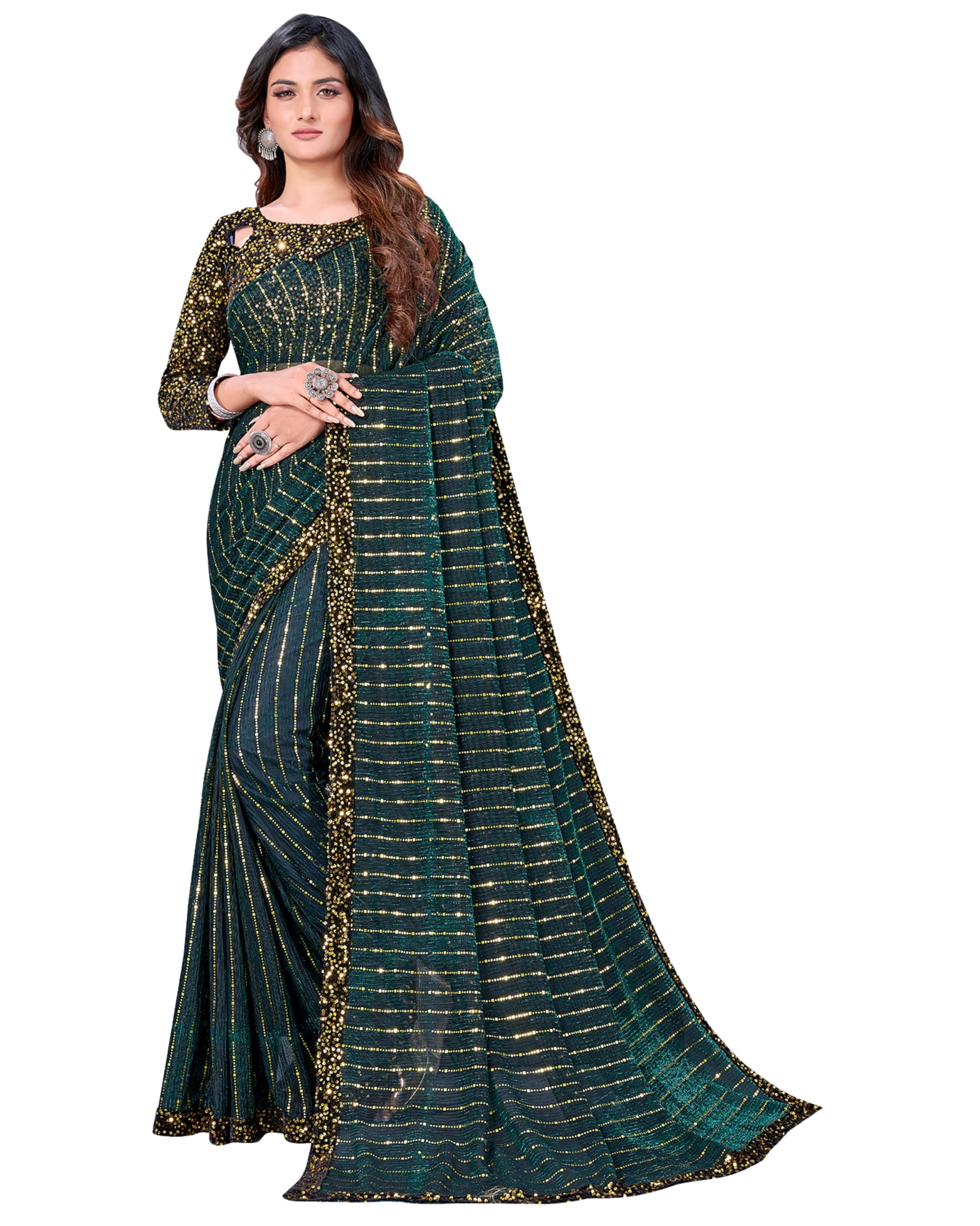 amazon brand - anarva Women's Art Silk Saree with Unstitched Blouse Piece, Pink, Hand Wash, Sequin Embellished with Ruffle Border, Festival, SUPER NET JARI, Sequin Embroidery, Plain, 45 Centimetres-picture-29
