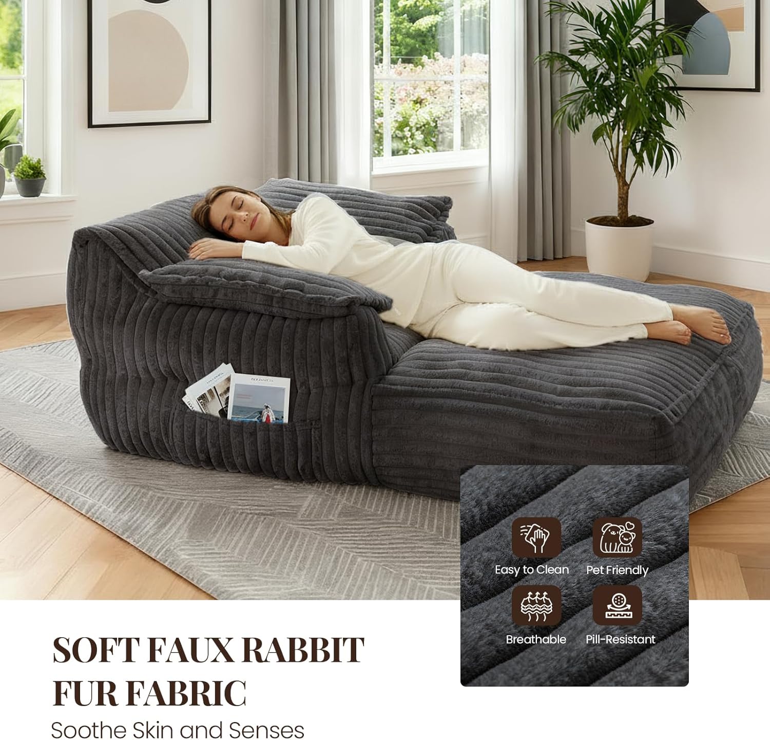 67.7" Oversized Boneless Chaise Lounge Chair Indoor, Faux Fur Upholstered Cloud Couch, Deep Seat Sleeper Sofa Bed with Armrest, Comfy Reading Chairs for Living Room, Bedroom, Dark Grey