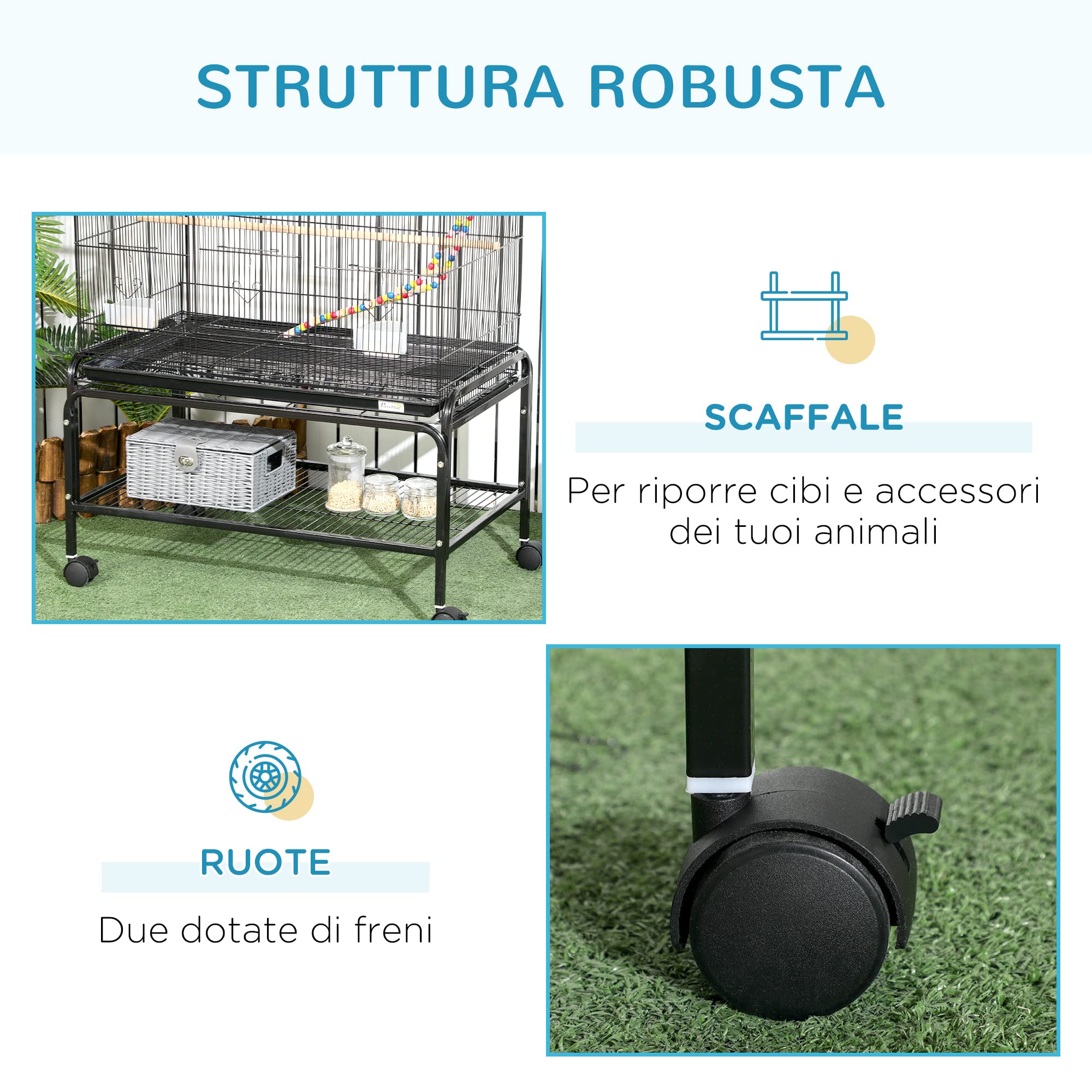 PawHut Gabbia per Uccelli 133 cm, Voliera per Cocorite, Calopsite, Canarini, Inseparabili, Fringuelli con Ruote, 4 Contenitori, Giochi, Vassoio Rimovibile, Ripiano, Nero