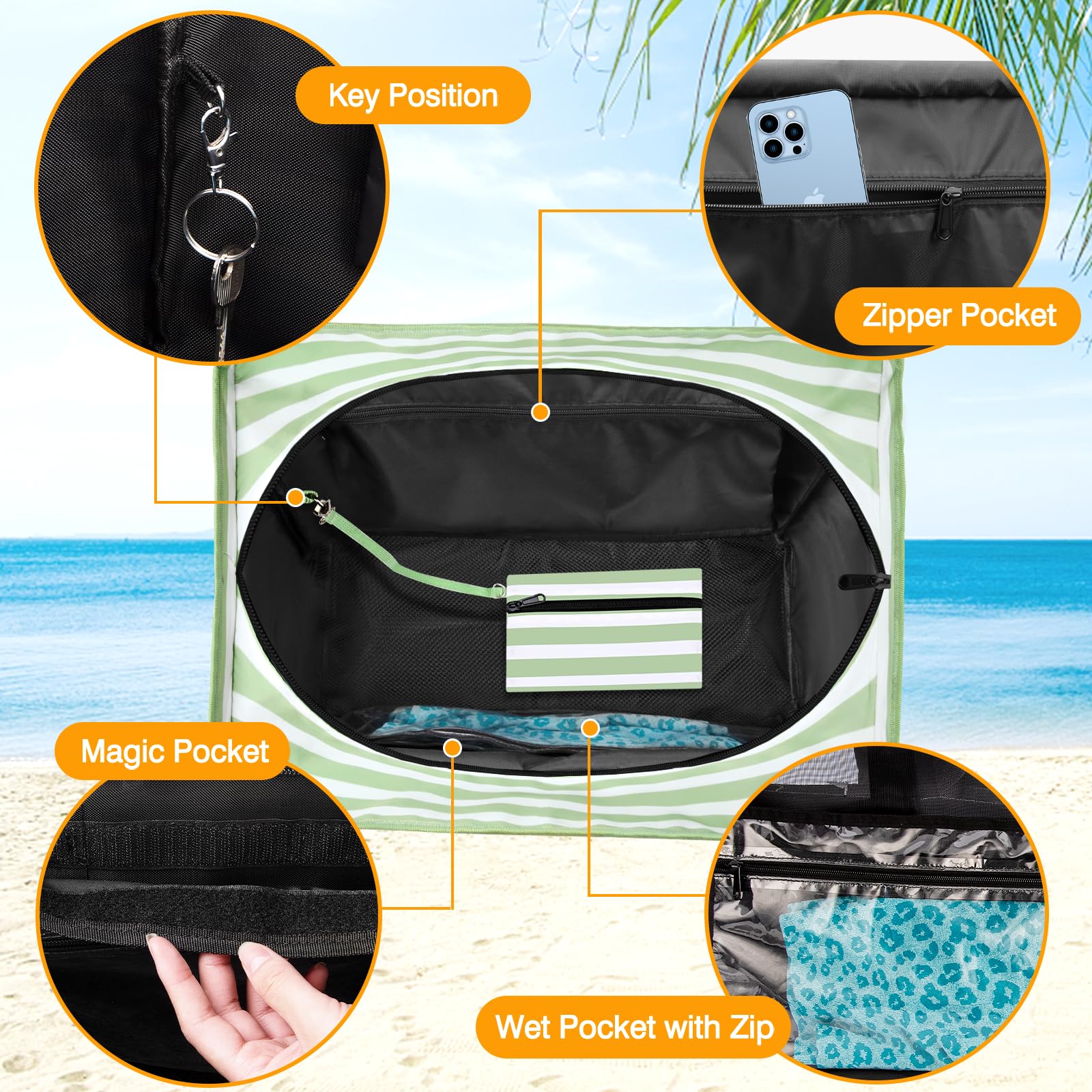 TEUEN Grote XXL strandtas voor het gezin, licht, zandvrije waterdichte schoudertas met ritssluiting, meerdere zakken, nylon draagtas voor picknick, vakantie, winkelen, werk, reizen, Corduroy grijs