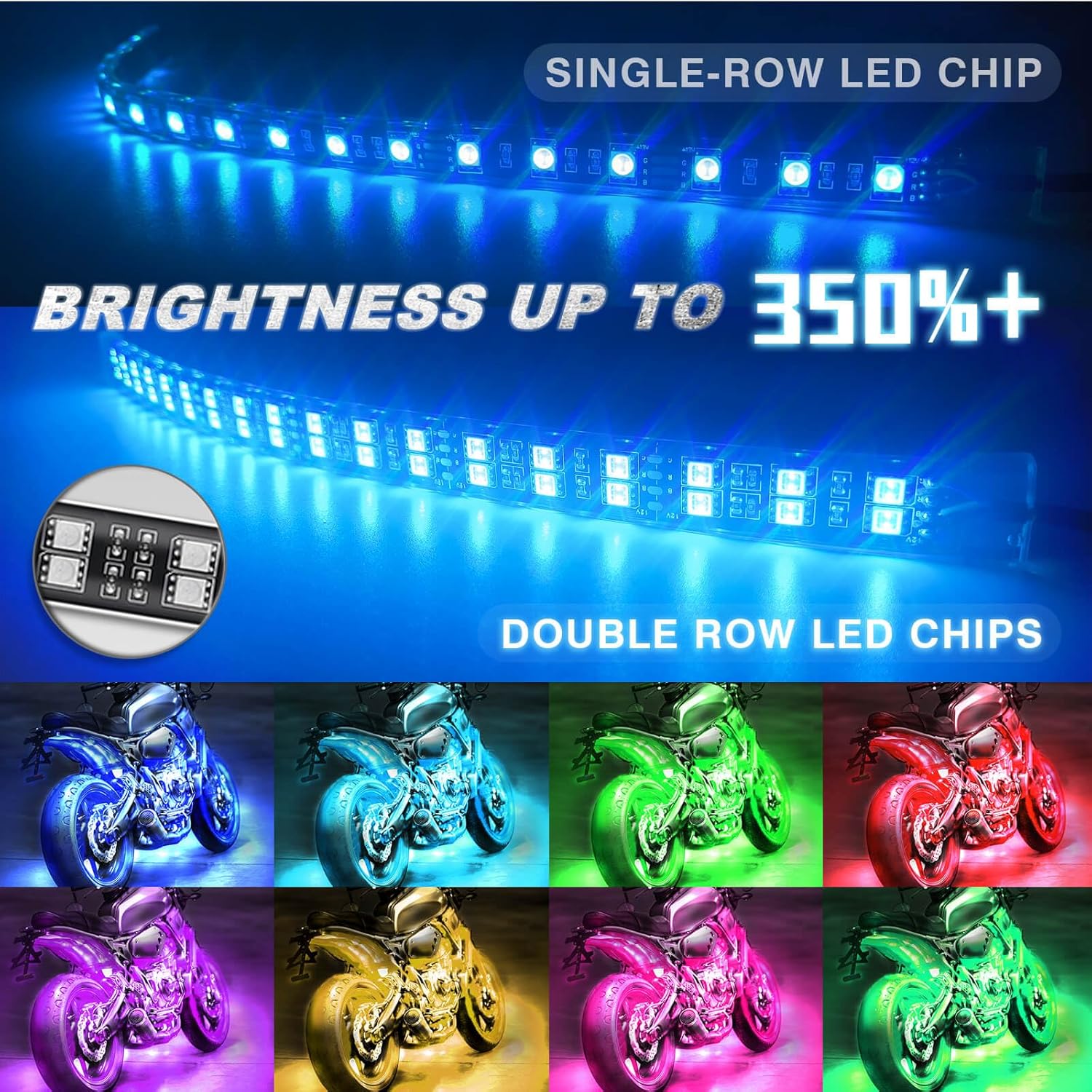 8PCS Double Row Motorcycle RGB LED Light Kits with Brake Turn Signal Light, Super bright Underglow Light with APP/RF Remote, Neon Strips Waterproof 12V for Sport Bike, Cruiser,Street & Dirt Motorcycle