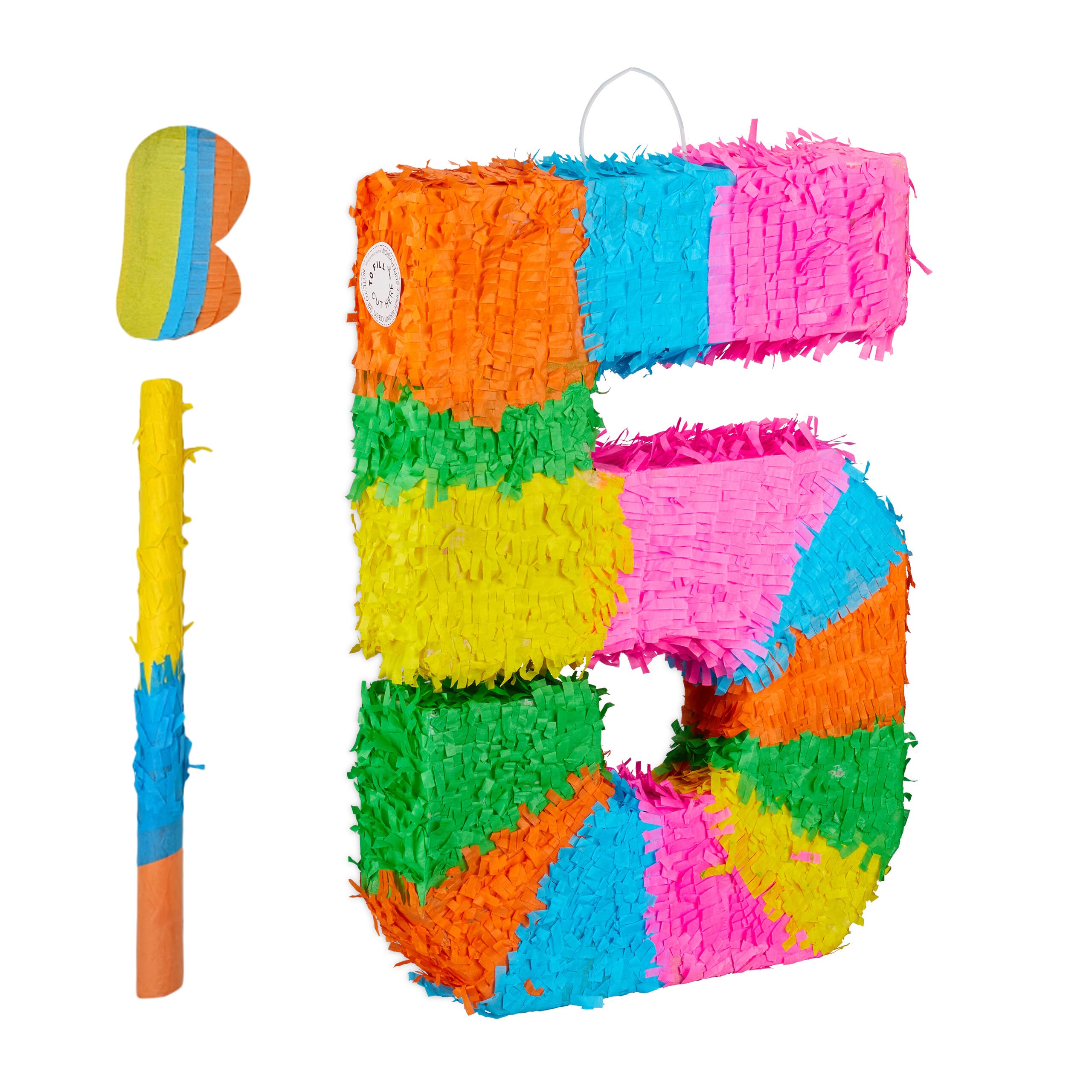Relaxdays Rainbow Number 5 Piñata, Fillable Birthday Party Decor, 50.5 x 35.5 x 7.5 cm, Colorful