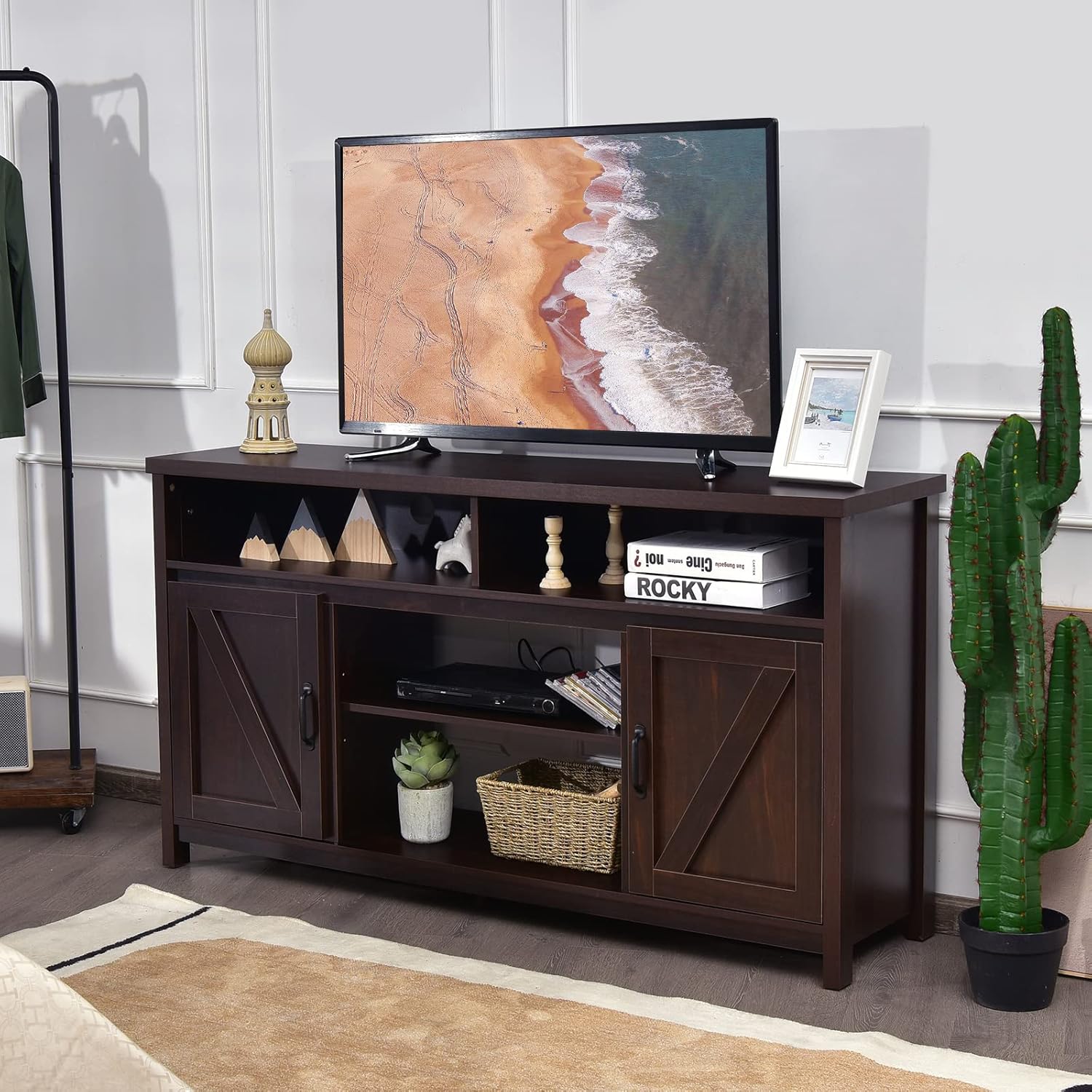 Tangkula Modern Farmhouse TV Stand with Double Barn Doors, 59 inch TV Storage Cabinet for TVs Up to 65 Inches, Adjustable Shelves, Wood Entertainment Center Console Table for Living Room (Coffee)