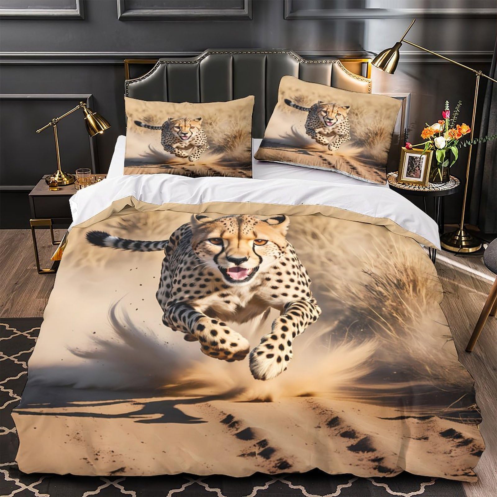 Parure de lit guépard 3D 140x200cm microfibre confortable et housse de couette animaux