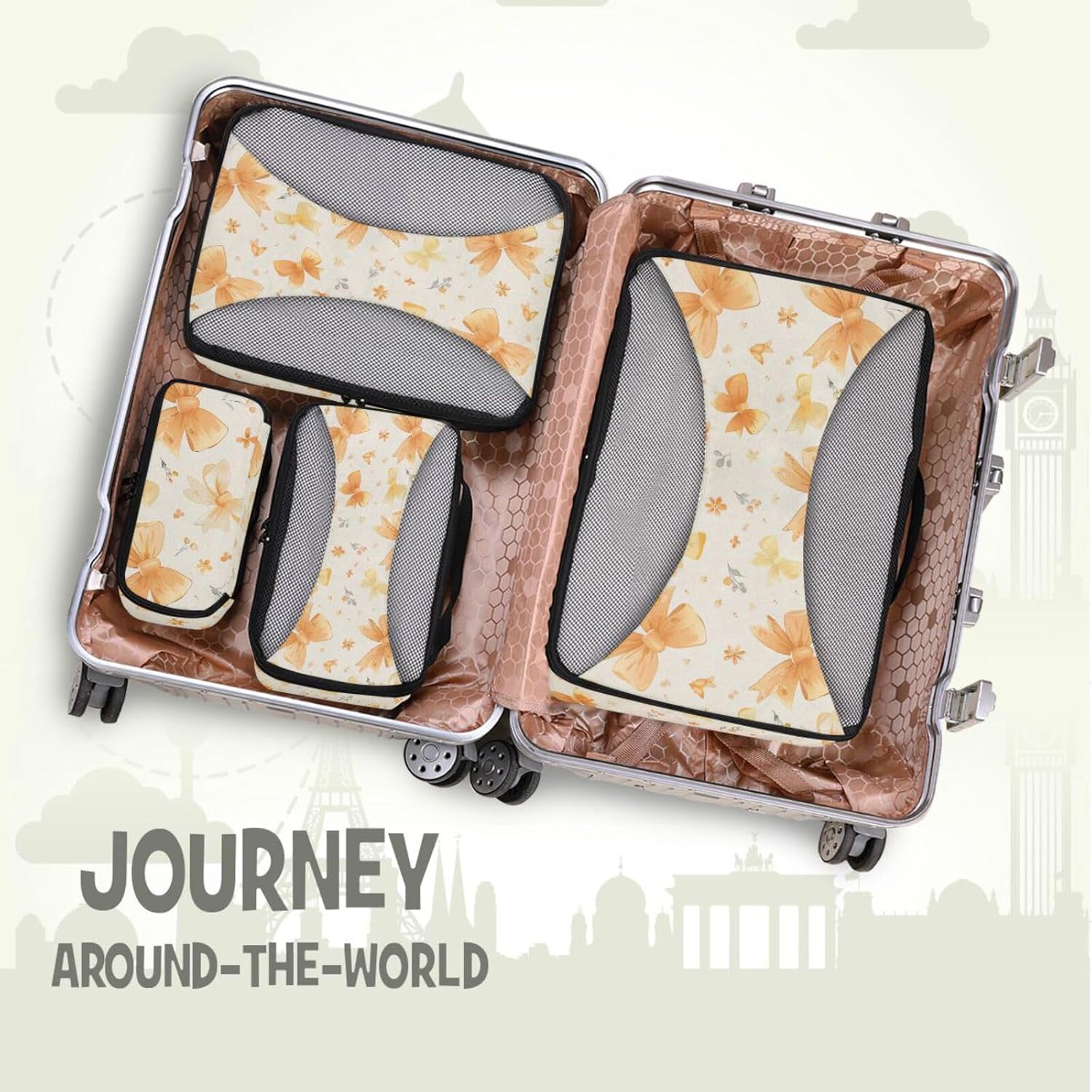 Yellow Small Bows 4 Pcs set luggage organizer bags Mesh Travel Essentials expandable travel packing cubes