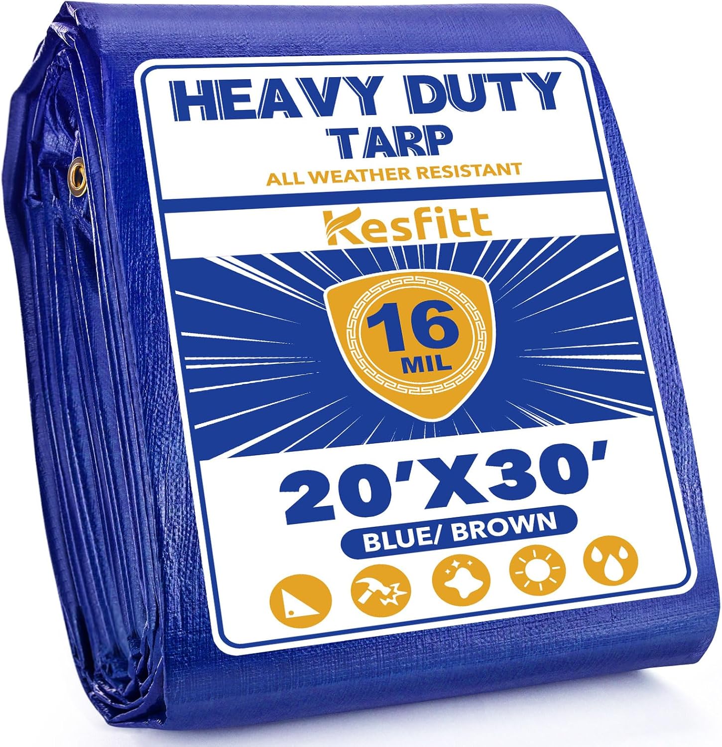 Kesfitt Tarp Heavy Duty Waterproof 20x30FT,16 Mil Thick Tarps Tear&Fade Resistant,UV Resistant,Poly Tarp Cover with Grommets and Reinforced Edges for Outdoor Camping Pools Boat Car(Blue/Brown) Blue/Brown 20' x 30'