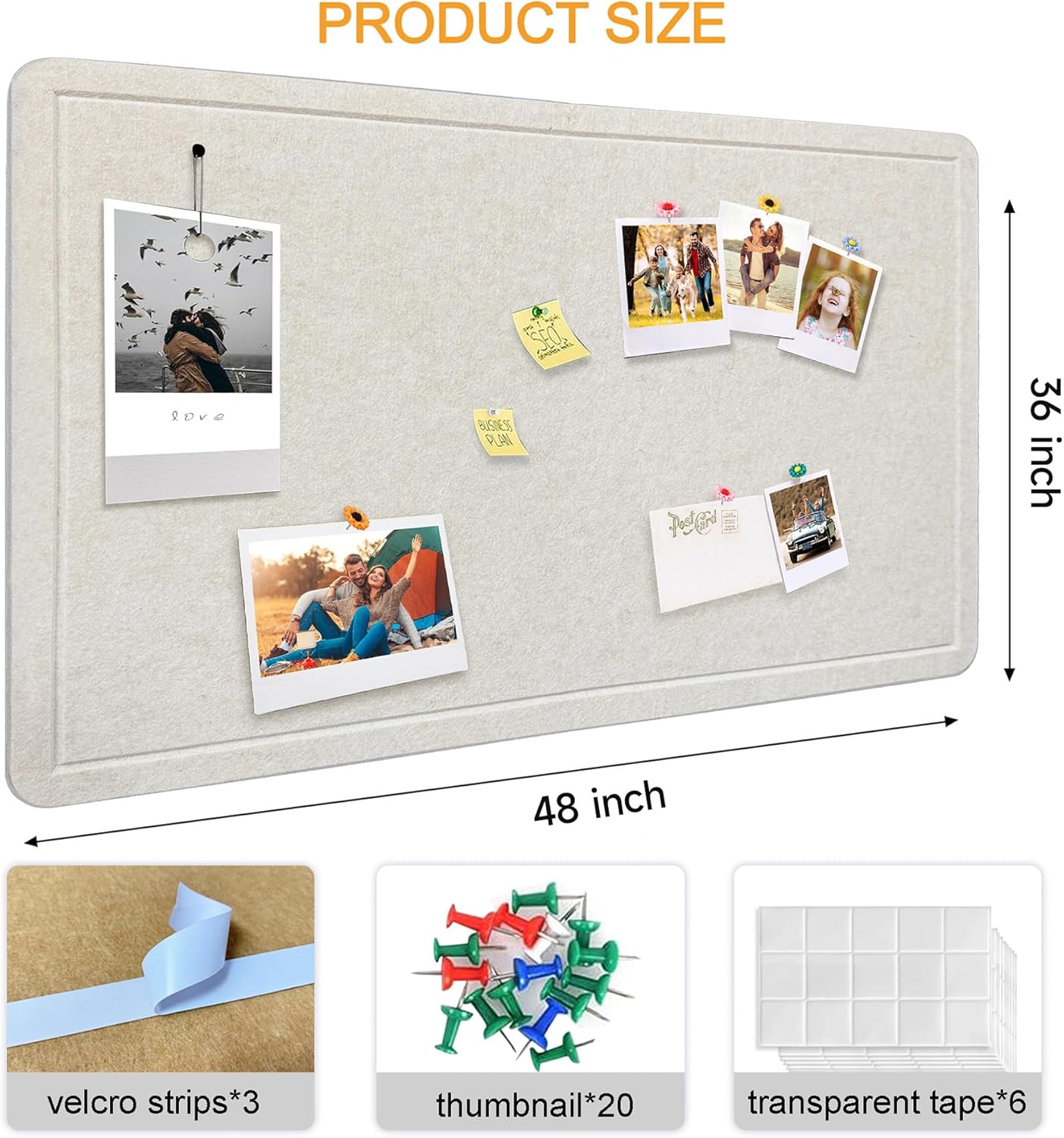 large bulletin board - foldable 36x48 inches cork board alternative with 20 push pins, 3' x 4' self-adhesive felt bulletin board for wall, home office classroom decor 36" x 48" grey