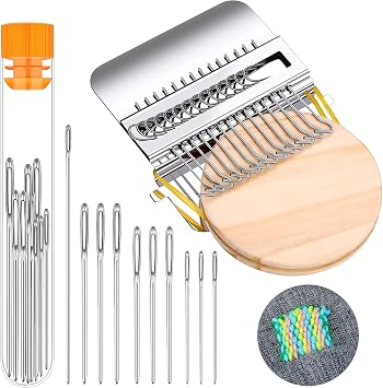 Luinabio Small Darning Loom Speedweve Style Machine Wood Knitting Looms Type Weave Tool 14 Hooks and 9 Yarn Knitting Needles Hand DIY Craft Weaving Repair Tool for JeansRound,Classic Color