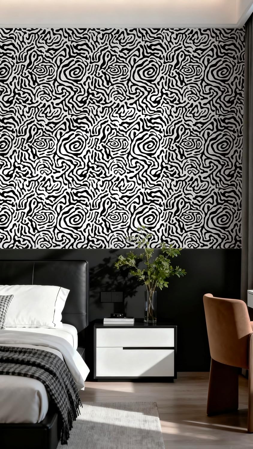 EeeComing Black and White Peel and Stick Wallpaper Abstract Geometric Self Adhesive Removable Contact Paper Thicken Waterproof Easy to Clean Decorative Wall Paper for Bedroom Bathroom 17.3in x 78.7in