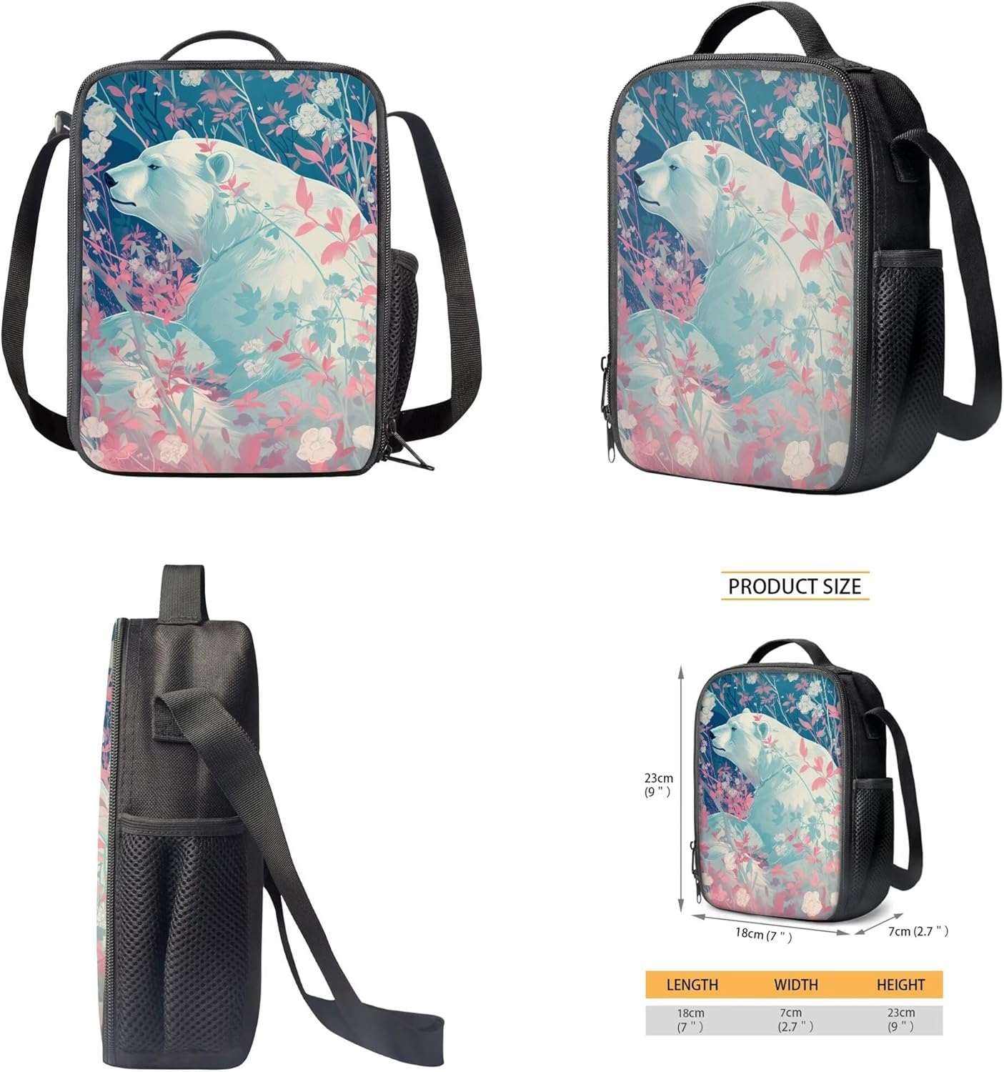 Boys Girls Print School Bag Set for Student Floral Polar Bear Backpack Set with Lunch Box Pencil Case Adjustable Shoulder Straps Bookbag for Kids Lightweight Daypack