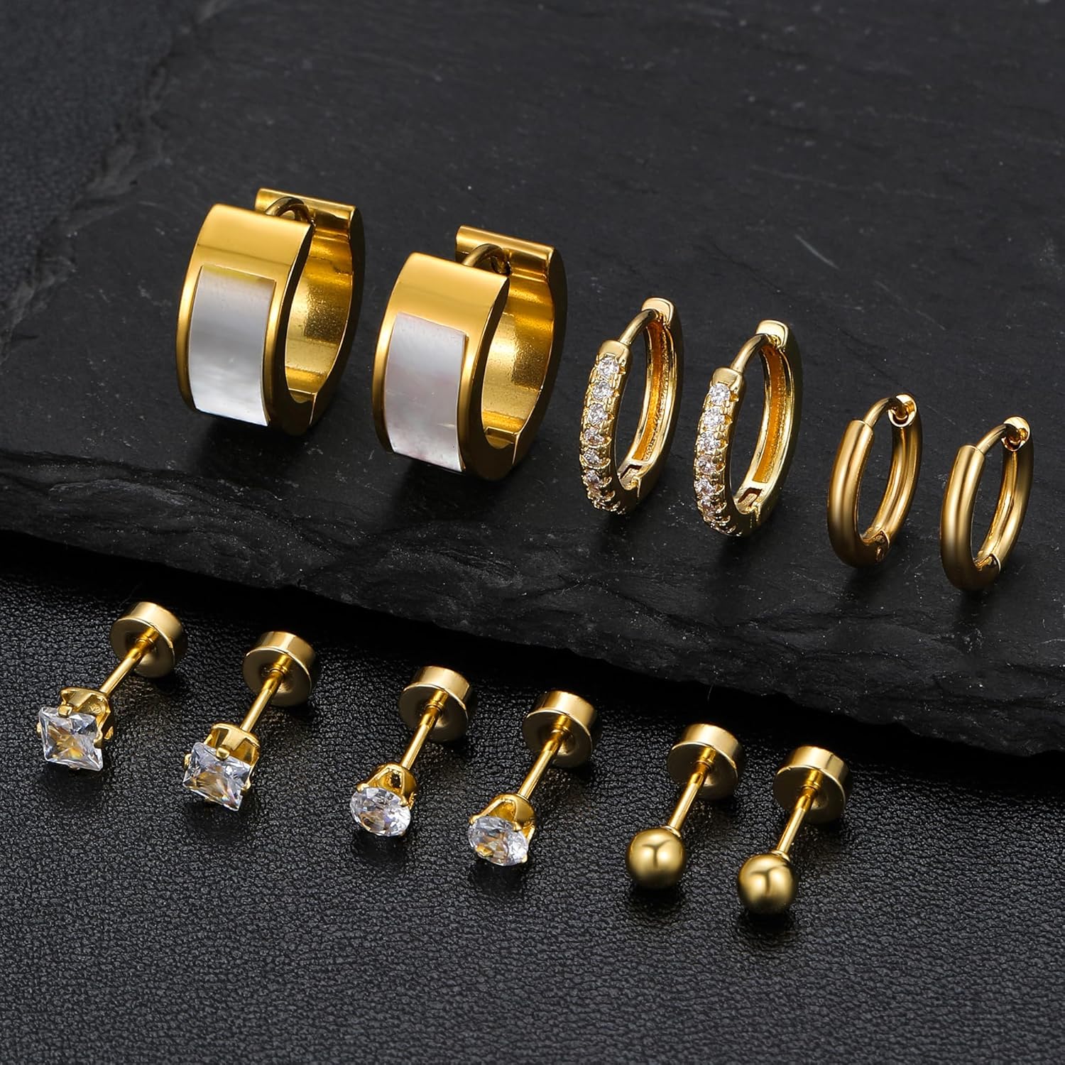Silver Gold Plated Surgical Steel Flat Back Earrings for Women Hypoallergenic 14K Gold Plated Stud Huggie Earring Set Fashion Shell Cubic Zirconia Flatback Studs Cartilage Earrings Pack for Multiple Piercing 5/8Pairs - Image 7