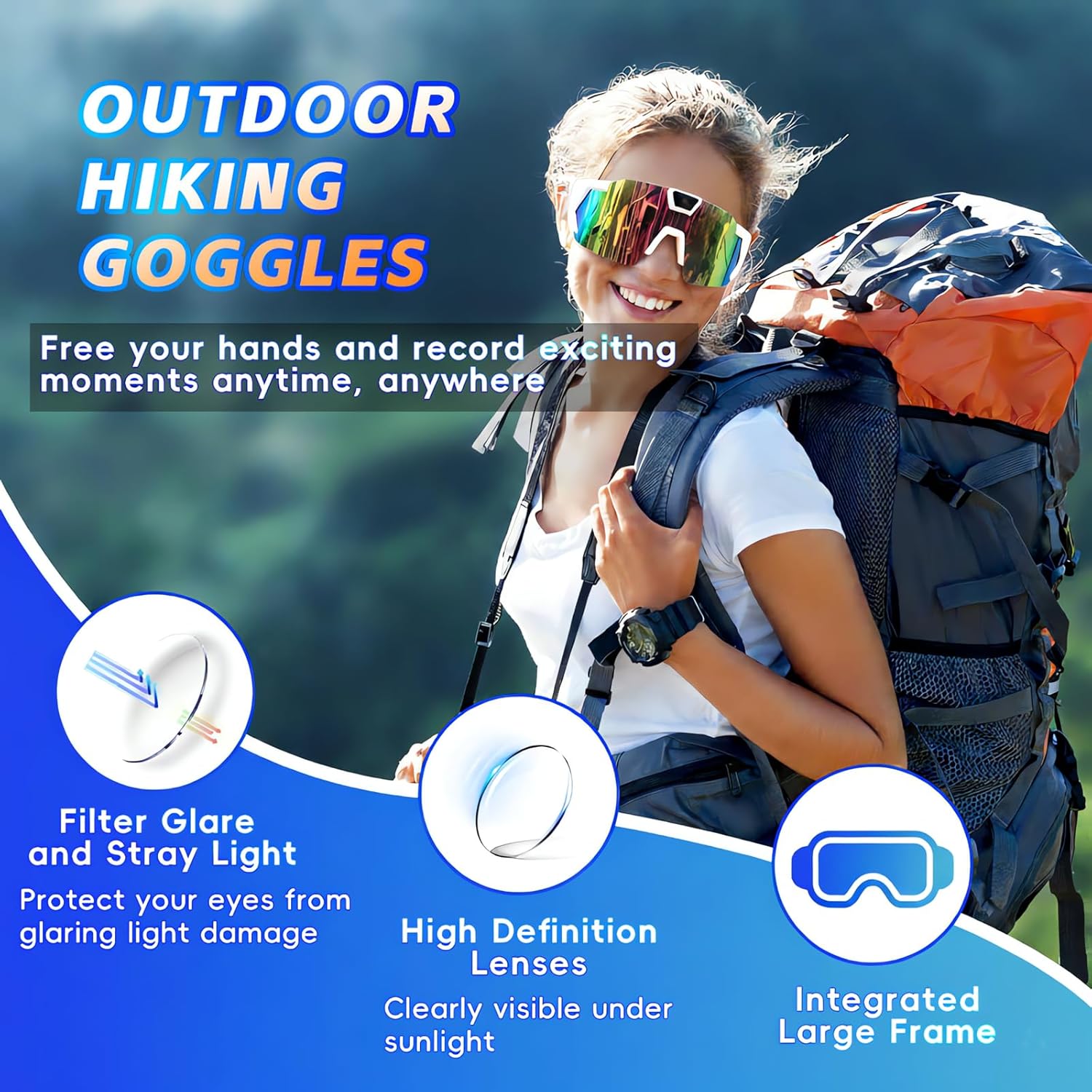 4K POV Polarized Sports Sunglasses with Camera, Smart Video Glasses for Men & Women, Ideal for Cycling, Baseball & Fishing, Includes 64GB Memory Card (Style A, White/Ice Blue)