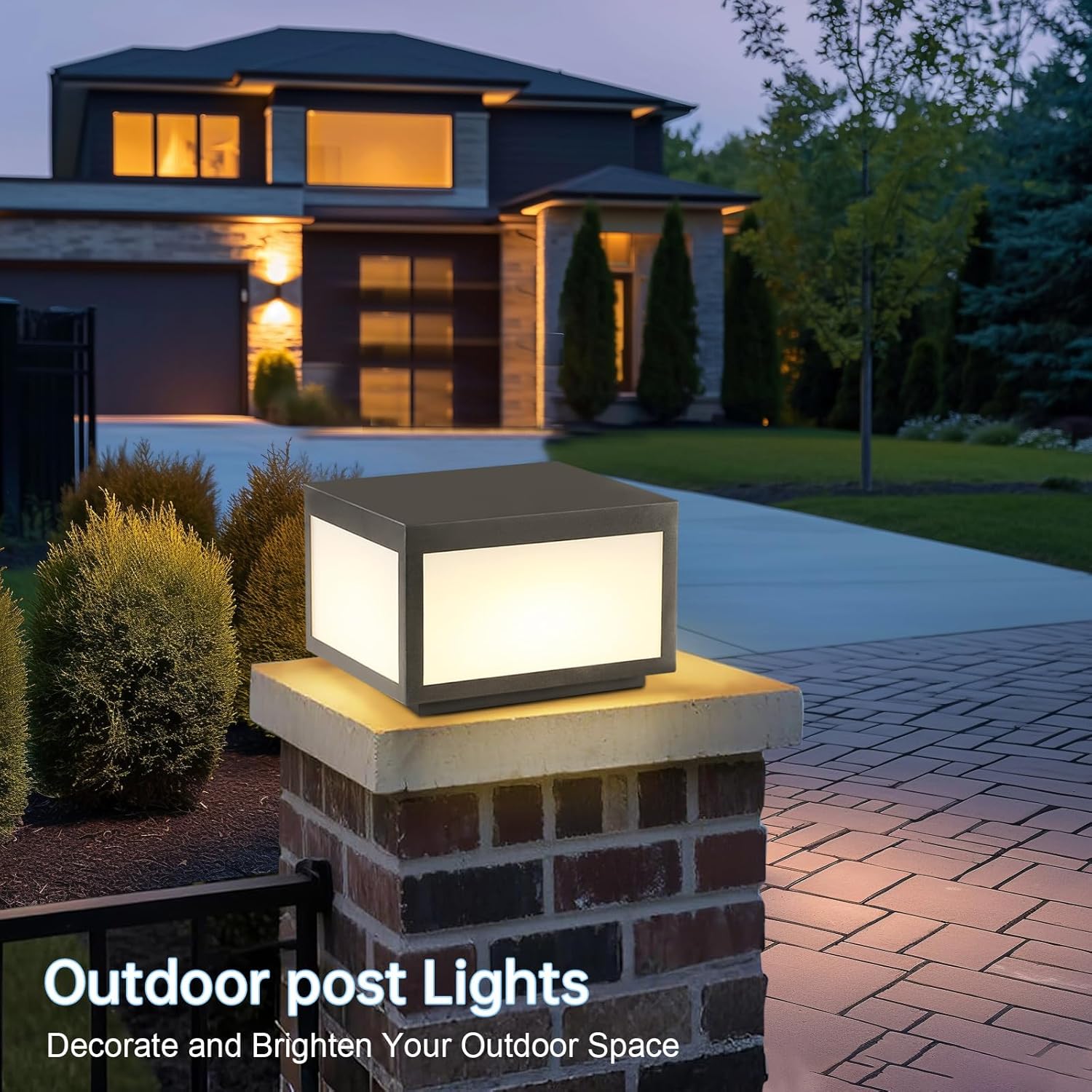 Outdoor Modern Post Light, Hard Wired Pillar Lights Square Post Column Caps Lamp for Flat Surface, Stainless Steel Fence Deck Cap Lantern Lighting for Patio Garden Driveways IP65 Waterproof 10"x10"