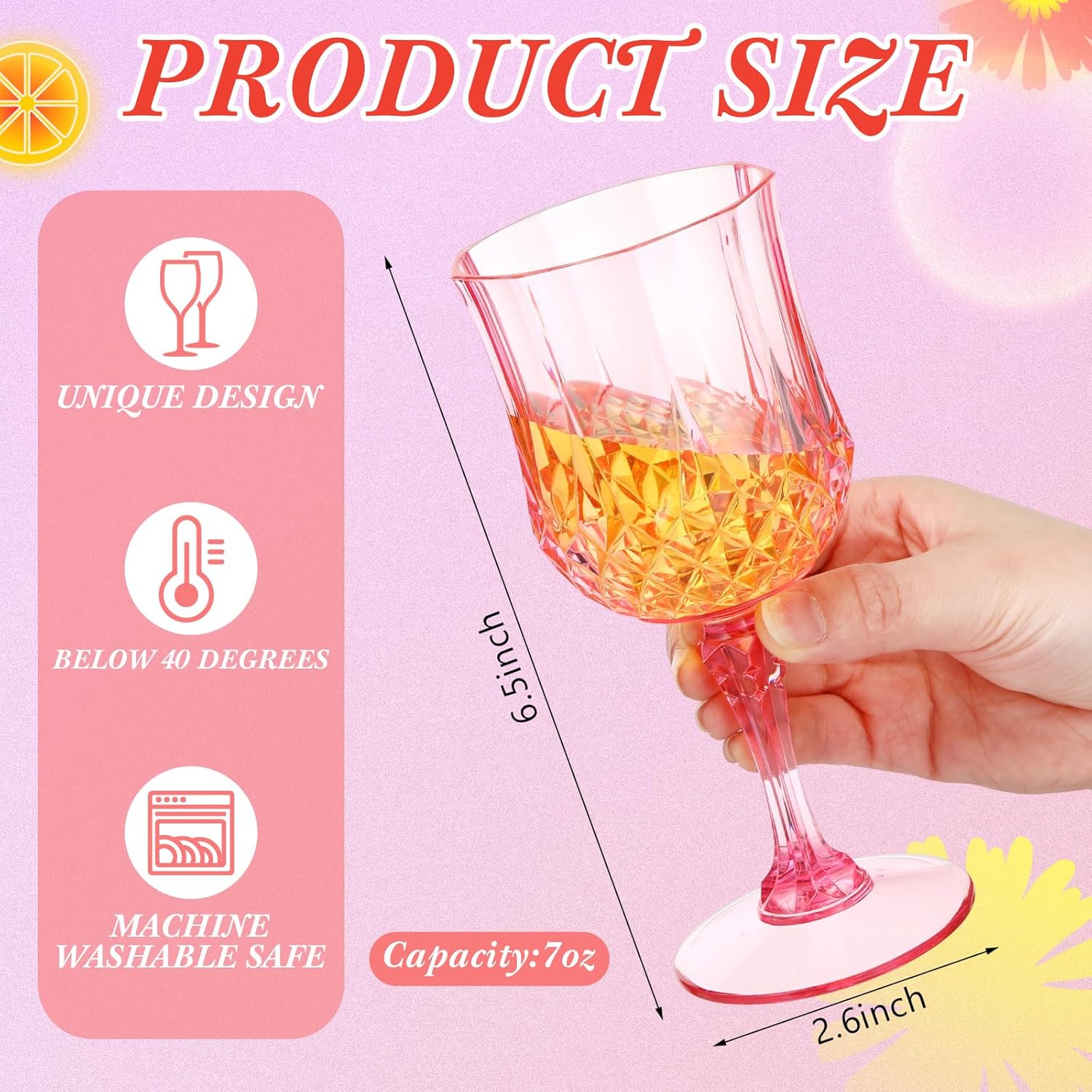 Vesici 24 Pcs Plastic Vintage Wine Glasses 7oz Reusable Colored Goblets Unbreakable Patterned Stemmed Drinking Glasses Drinkware Cup for Wedding Reception Party Supplies(Pink)