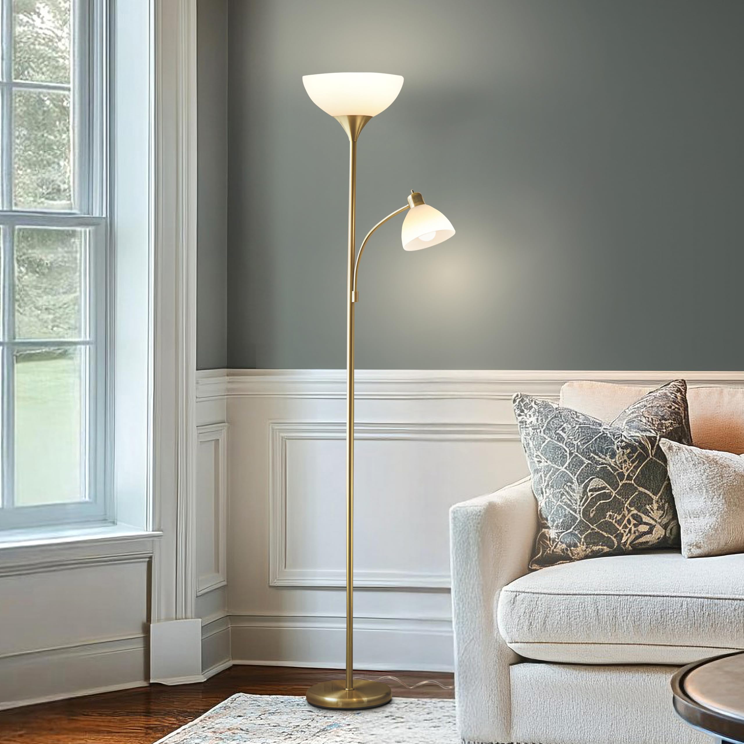 Brightech Sky Dome Plus - Super Bright LED Torchiere & Reading Floor Lamp - Dimmable Modern Standing Pole Lamp for Office, Living Room – Tall Mother-Daughter Lights for Bedroom Lighting – Gold Brass