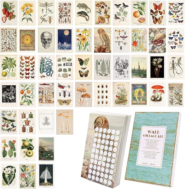 Botanical Wall Collage Kit Vintage Aestheic Room Decor Art Mushroom Poster for Dorm Wall Decor Art Prints for Teens Boys Girls Bedroom Decoration for Creature Animal Lovers with Delicat Box and Paste