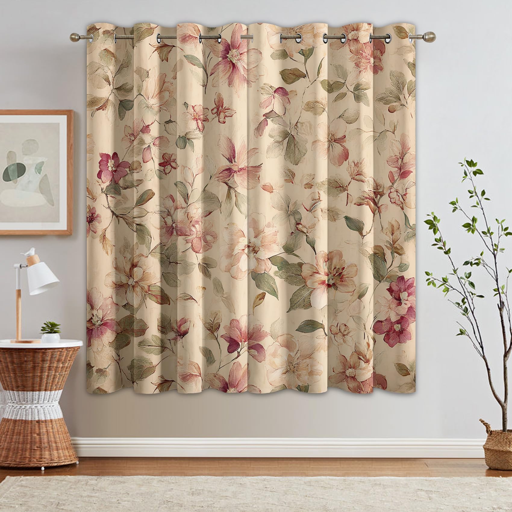 95% Blickdichte Vorhänge Vintage Blumen, Thermo Verdunklungsvorhänge mit Ösen, Bauernhaus Landhausstil Blumenmuster Fenster Gardinen Wohnzimmer Schlafzimmer Deko, 2er Set H 137 x B 117 - D230